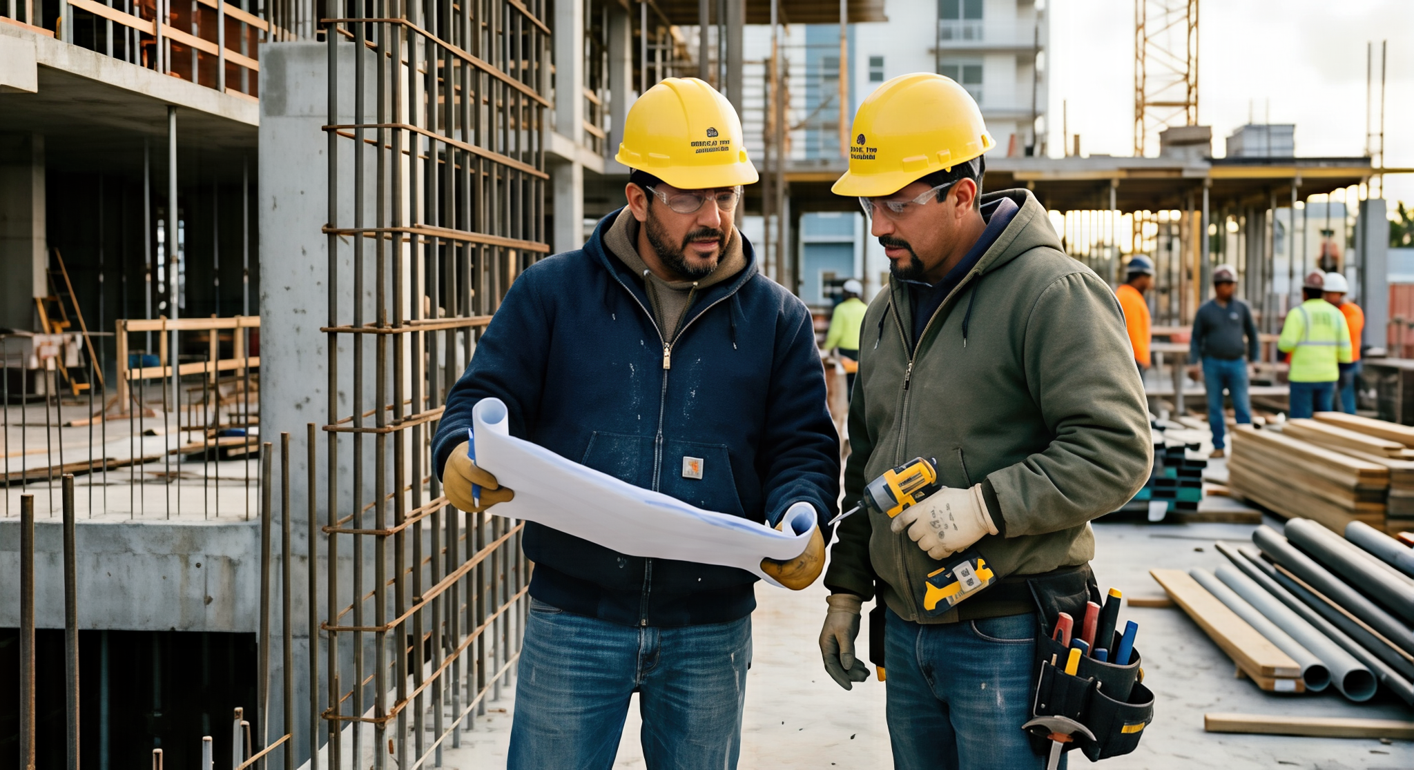 Two construction workers wearing yellow safety helmets and gloves looking at blueprints on a construction site with steel rebar and building framework in the background.