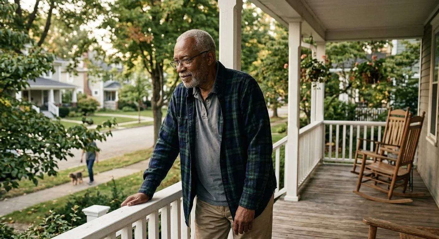 An elderly man with glasses and gray hair, wearing a plaid shirt over a gray t-shirt, stands on a porch with a wooden floor and white railing. He appears to be looking down thoughtfully, with trees and houses visible in the background.