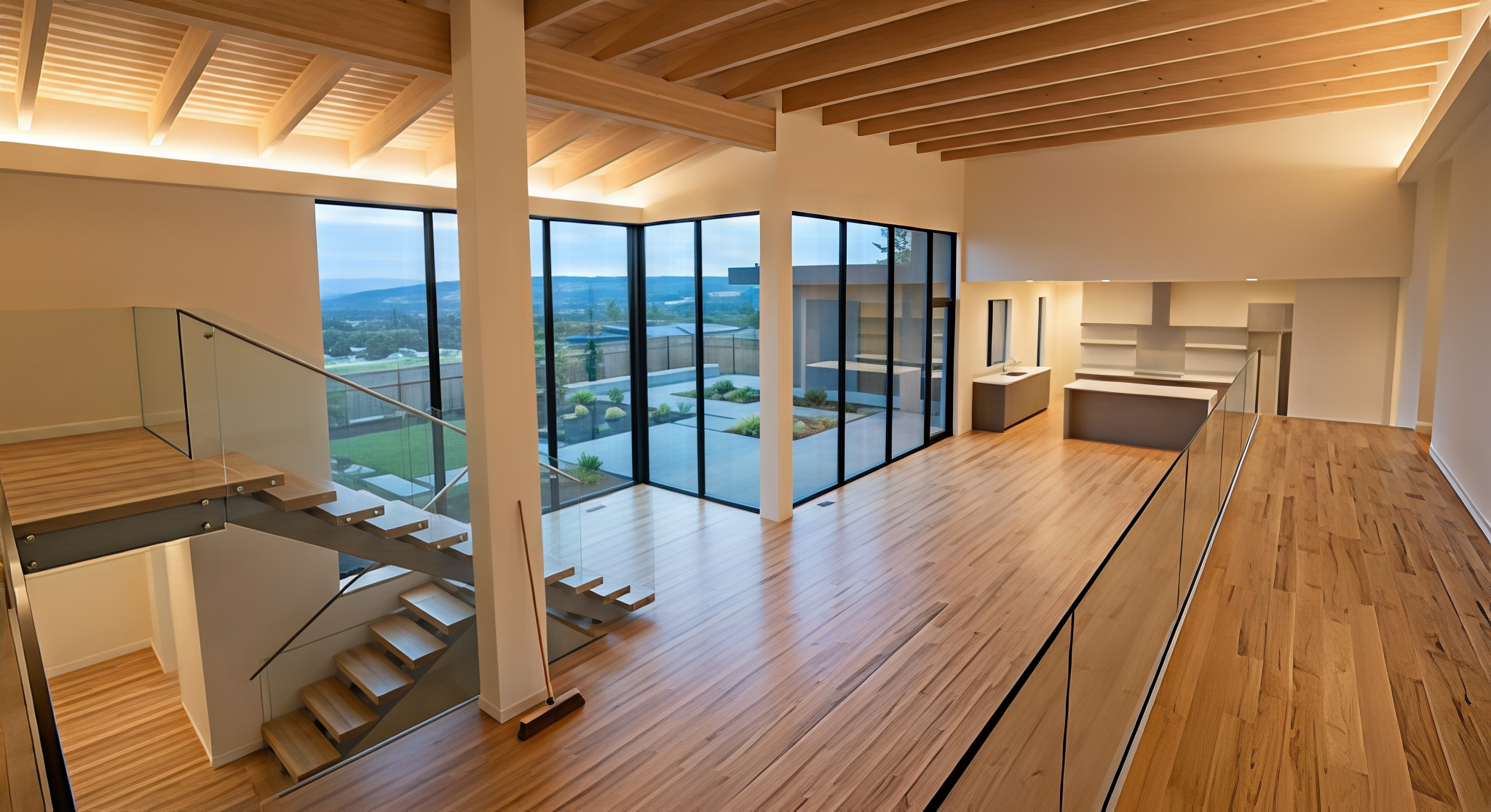 Modern interior with wooden stairs, large windows, and hardwood floors, overlooking a scenic landscape.