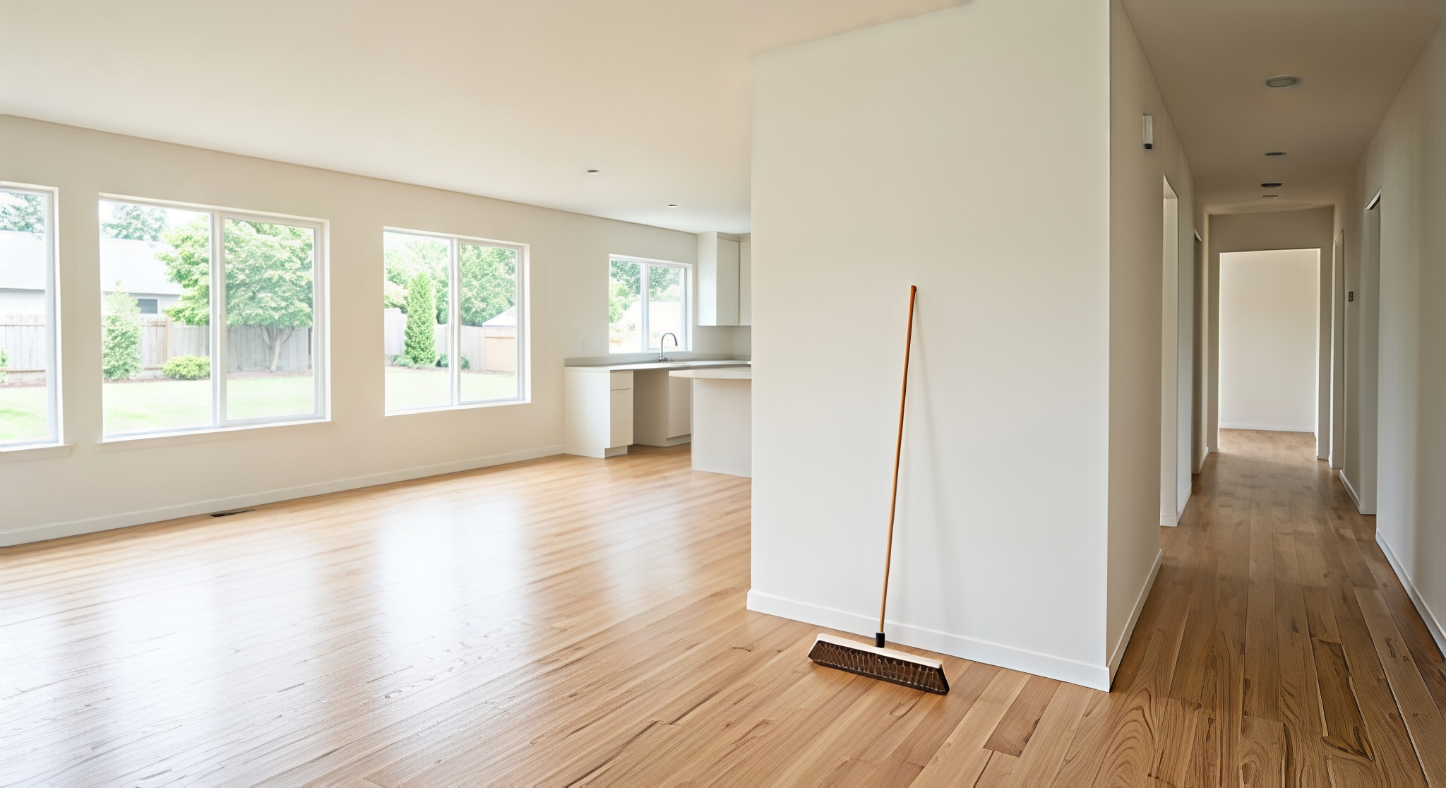 Empty living space with large windows, hardwood flooring, and a broom leaning against the wall near the hallway.