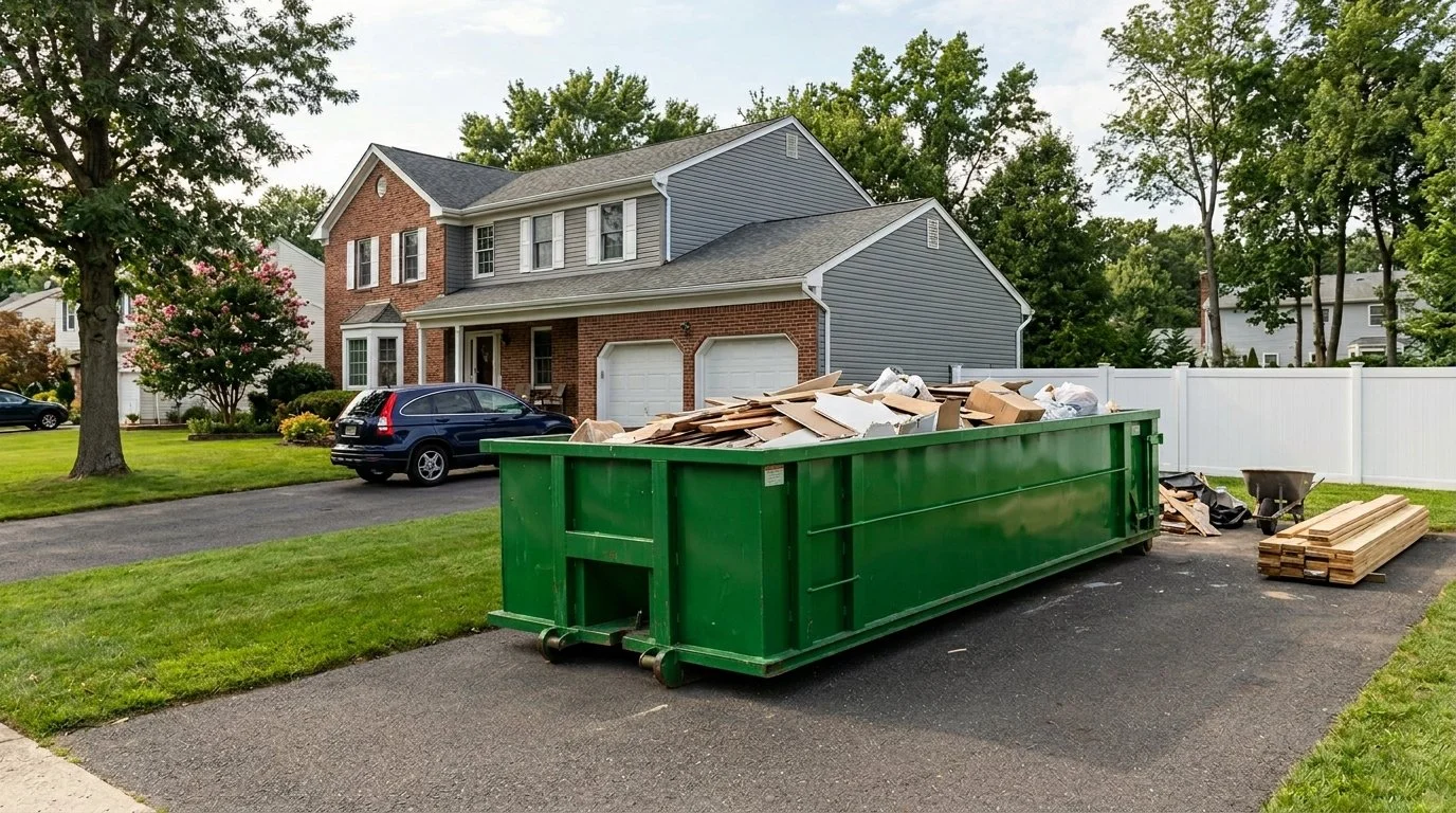 Large green dumpster filled with construction debris on a driveway, with a wheelbarrow, scrap wood, and more debris nearby. A two-story house, many trees, and a white fence are in the background.