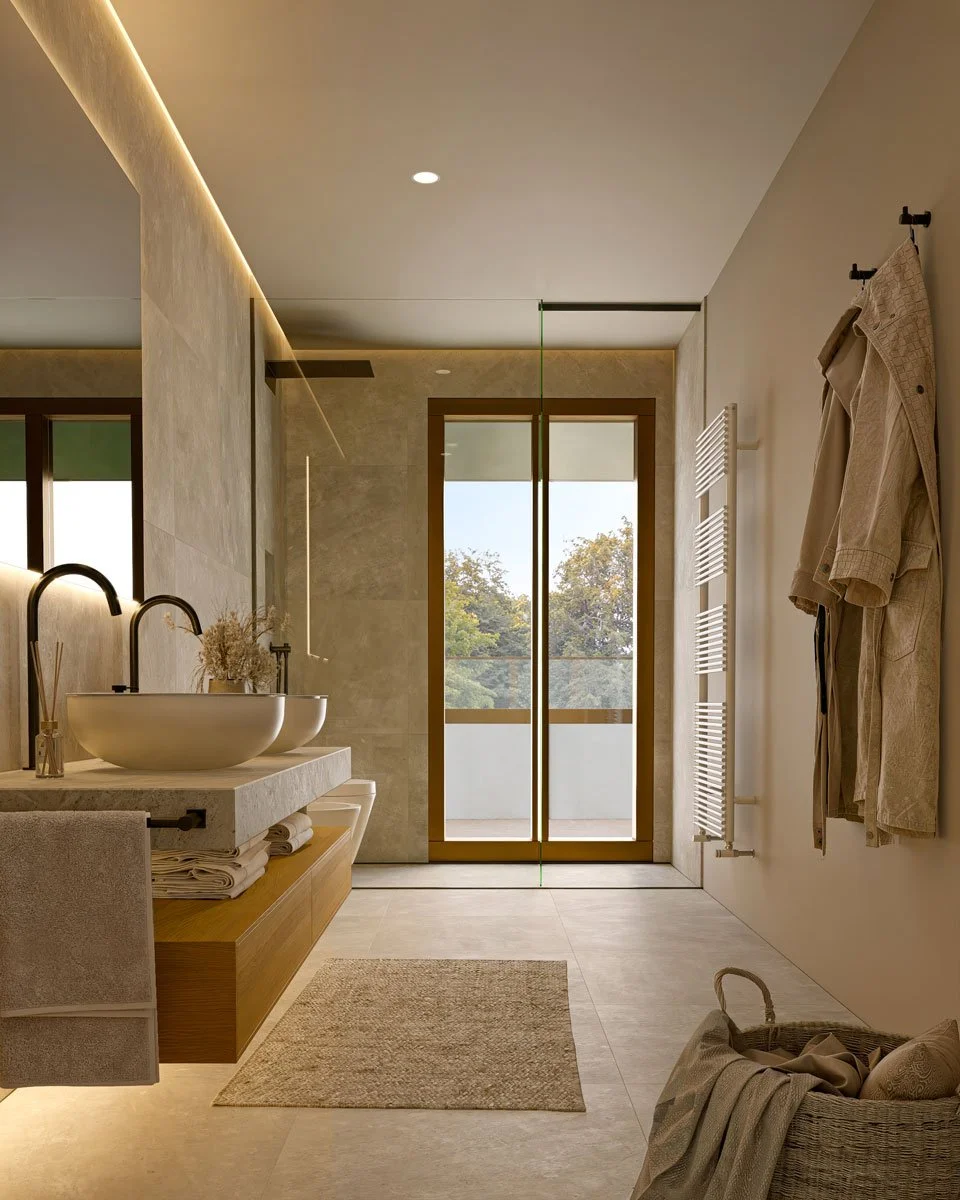 Interior di un bagno moderno con lavabo rotondo su un piano di marmo, specchi, asciugamani, pantaloni appesi, porta finestra che dà su un balcone con vista su alberi, pavimento in piastrelle chiare, tema neutro e luminoso.