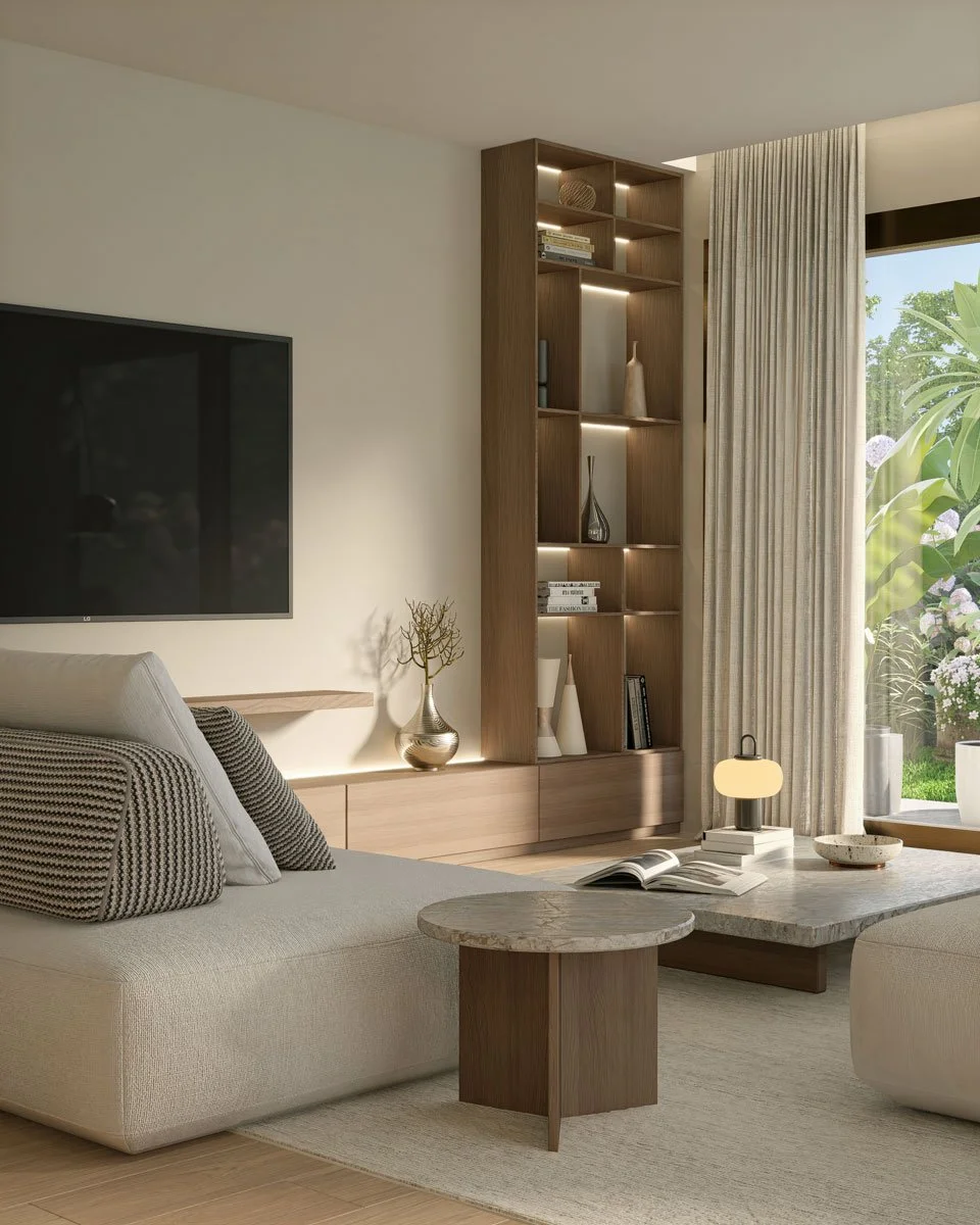 Interno soggiorno con divano beige, tavolino in marmo, scaffale di legno con decorazioni e libri, grande finestra con tende e vista giardino con piante.