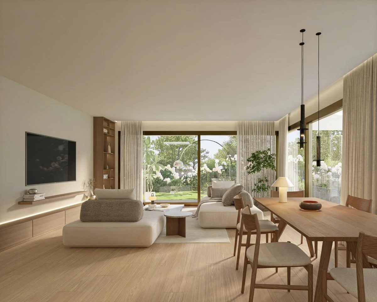 Salotto moderno con grandi finestre e vista sul giardino, arredi in stile minimalista in tonalità neutre.