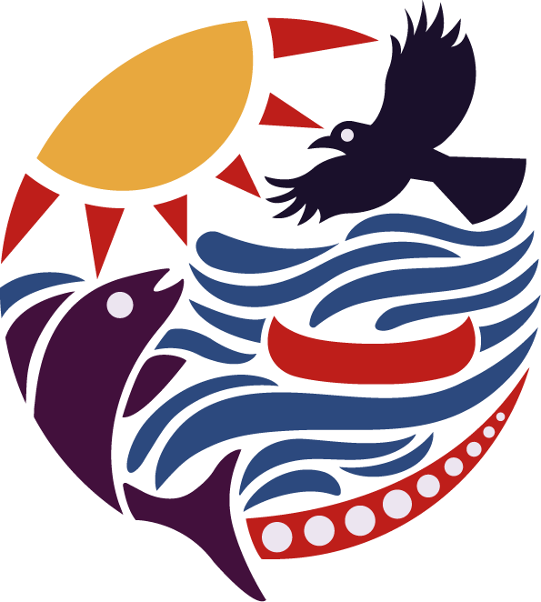 A stylized illustration featuring a dolphin and a whale submerged in water under a bright sun with red rays, all within a circular design.