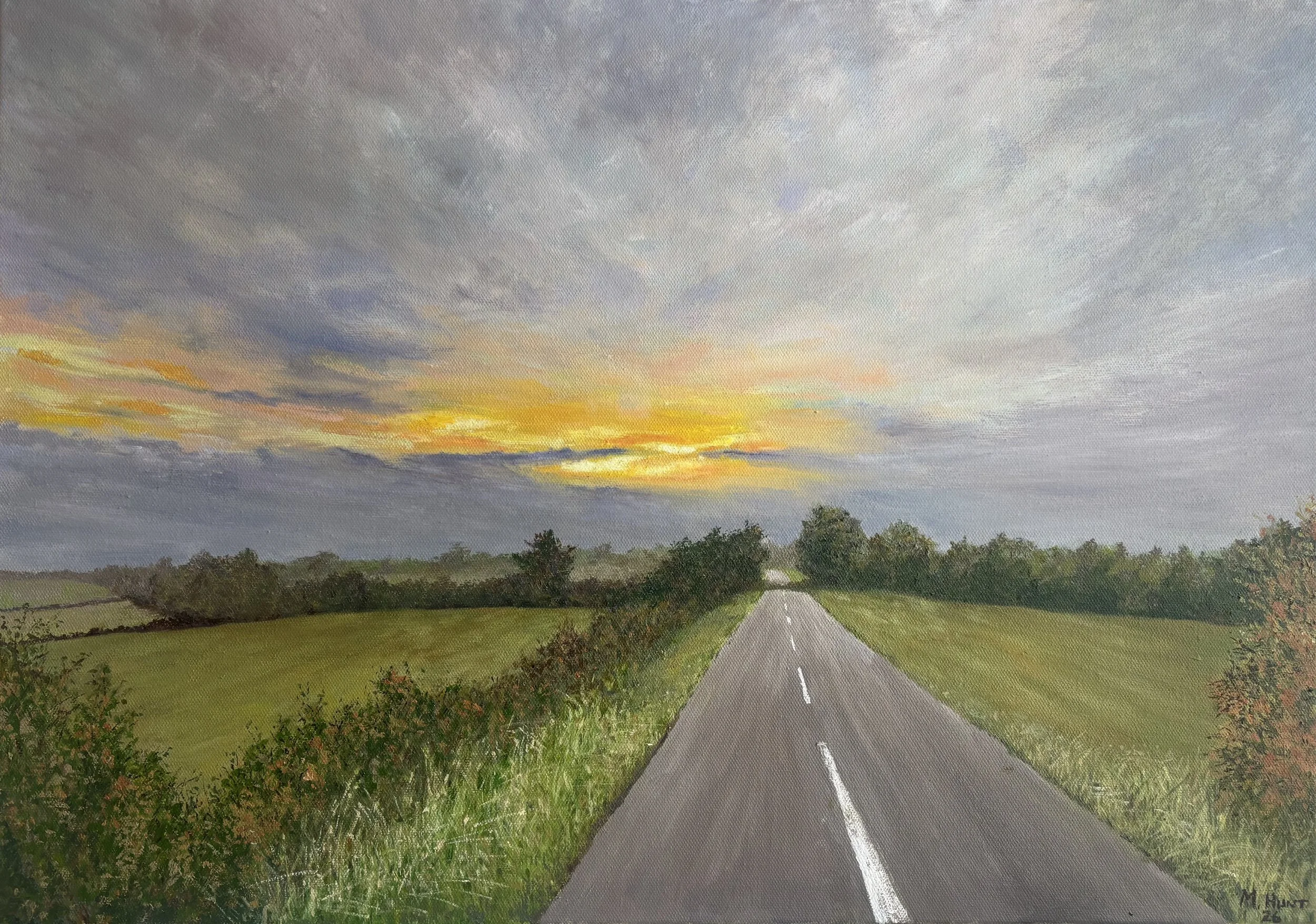 A painting of a road stretching into the horizon at sunset, with a grassy field on either side and trees in the distance under a partly cloudy sky.