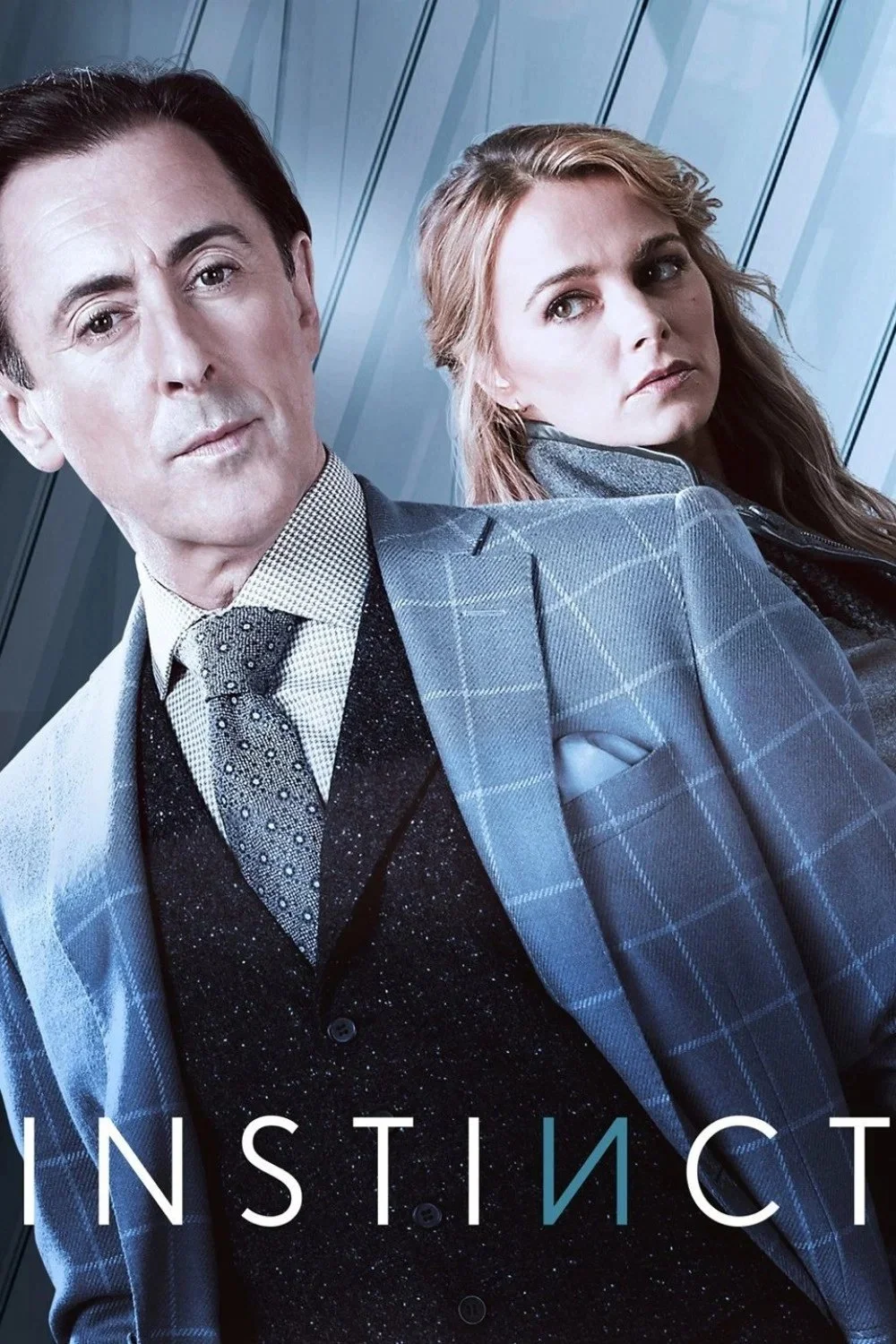 Promo poster for the TV series "Injustice" featuring a man and a woman posing against a blue patterned background, with the title "INJUST" at the bottom.