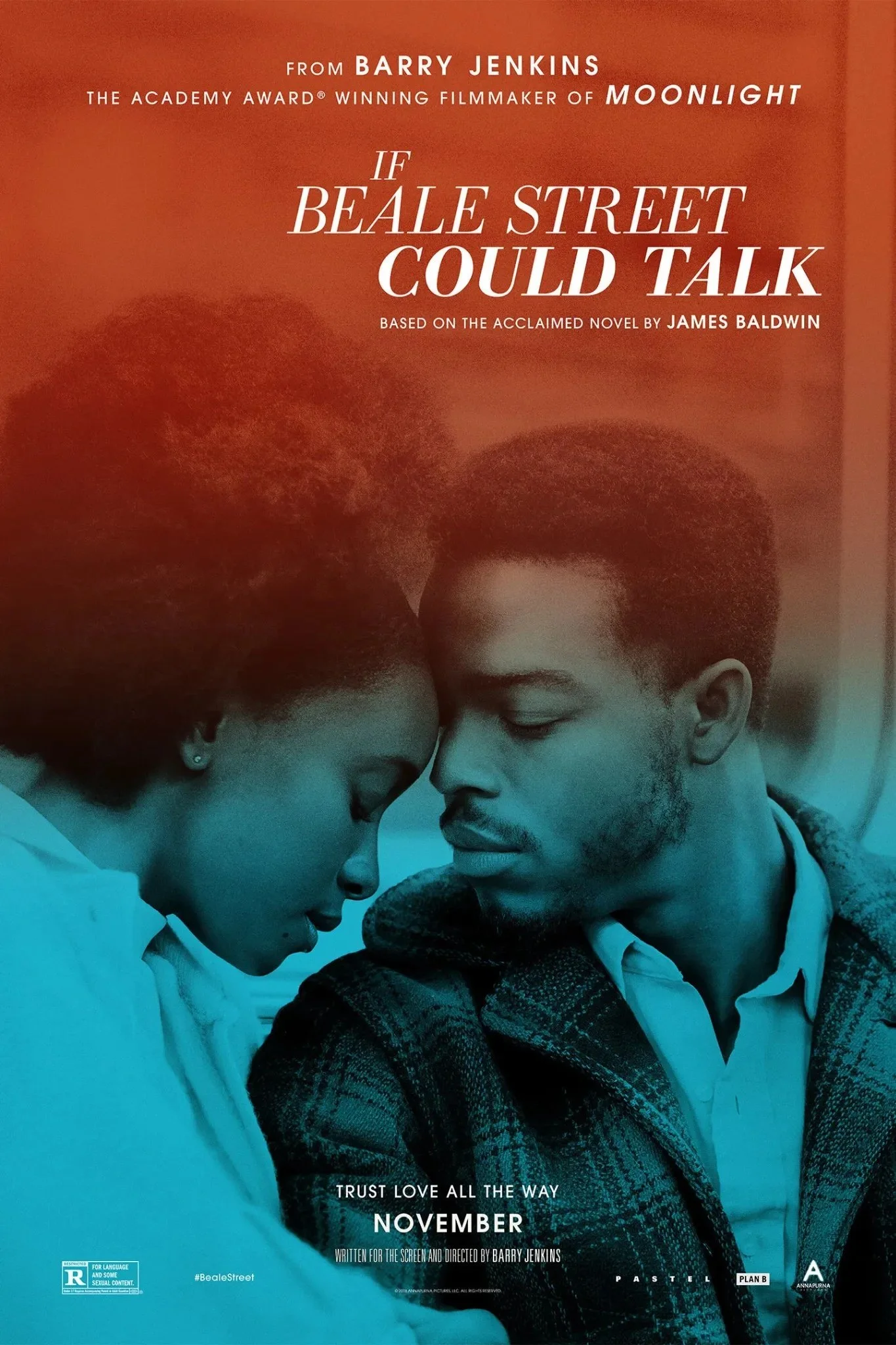 Movie poster for 'If Beale Street Could Talk' featuring two young people with their foreheads touching, overlaid with text about the film and its details.