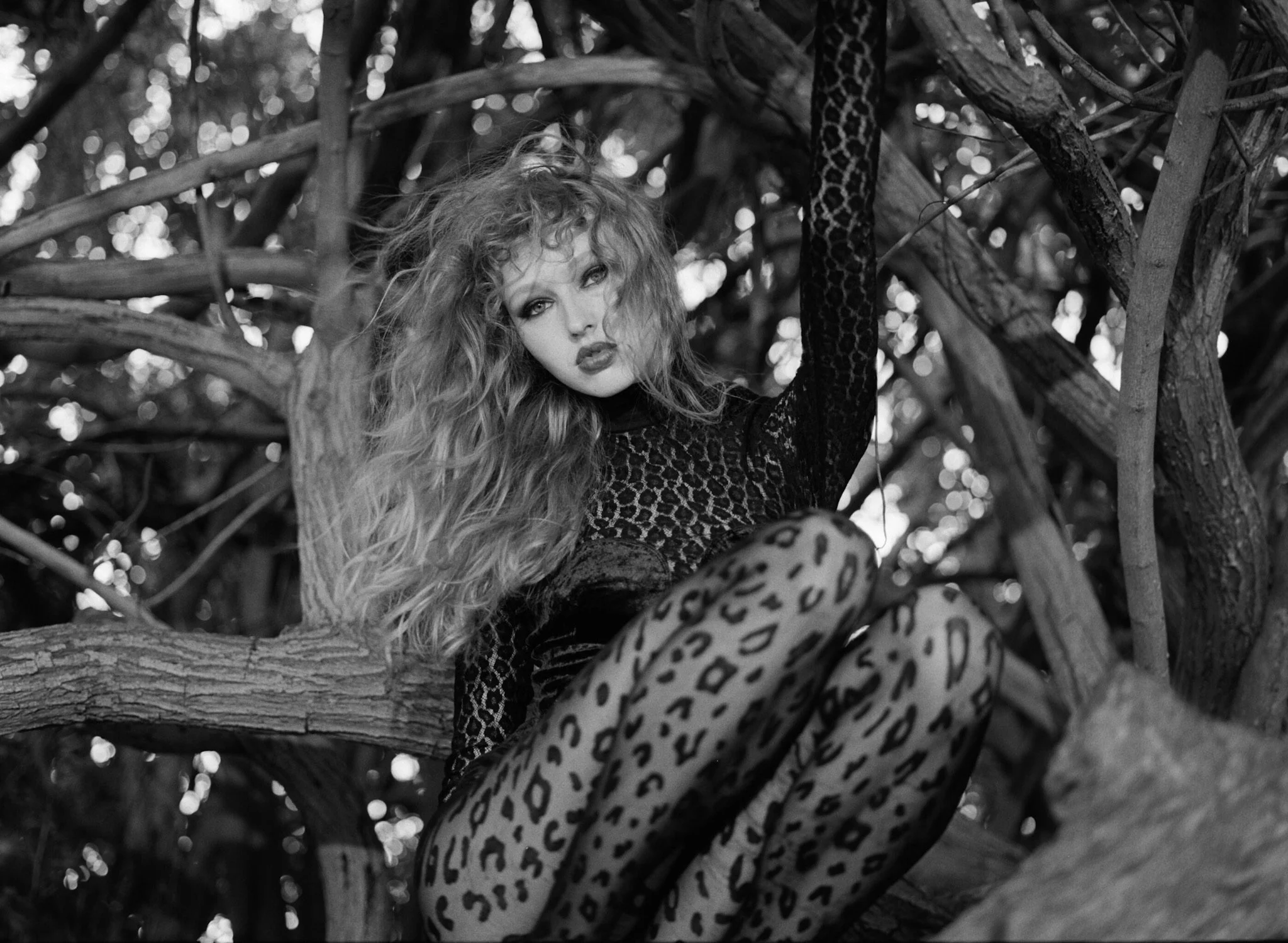 A black and white photo of a young woman with long, curly hair sitting on a tree branch surrounded by dense foliage. She is wearing a long-sleeved, leopard-print top and leopard-print pants, with a relaxed pose and intense gaze.
