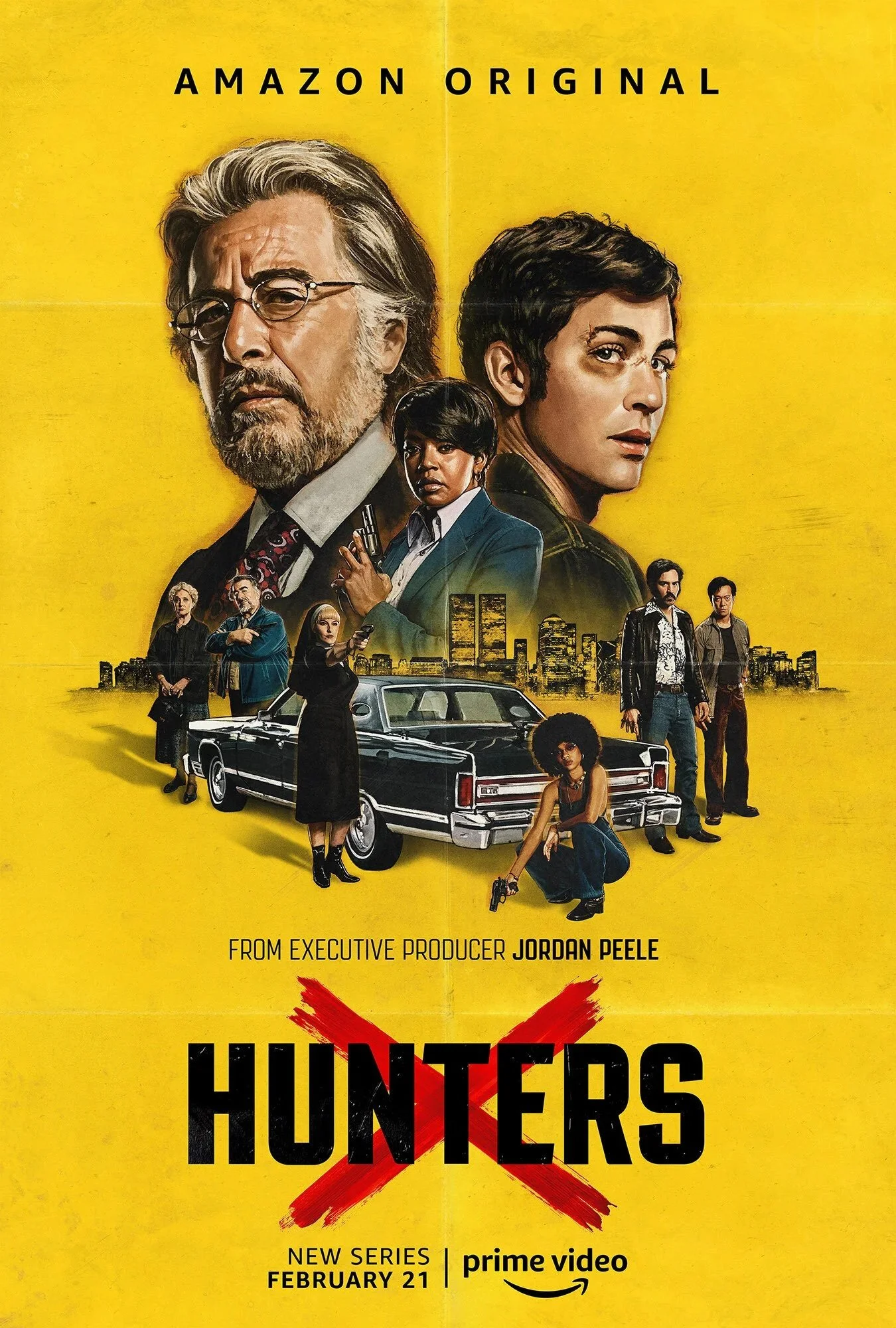 Colorful promotional poster for the TV series 'Hunters' on Prime Video, featuring large illustrated portraits of three characters against a yellow background with a city skyline and a classic car in the foreground, and red 'X' in the title.