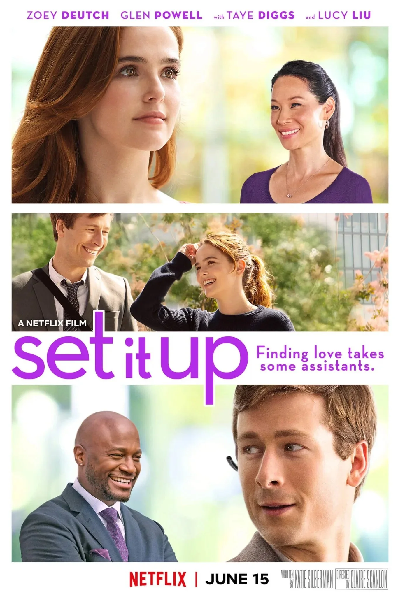 Promotional poster for Netflix film 'Set It Up', featuring headshots of four diverse characters smiling and engaging in conversation, with colorful background and the tagline 'Finding love takes some assistants'.