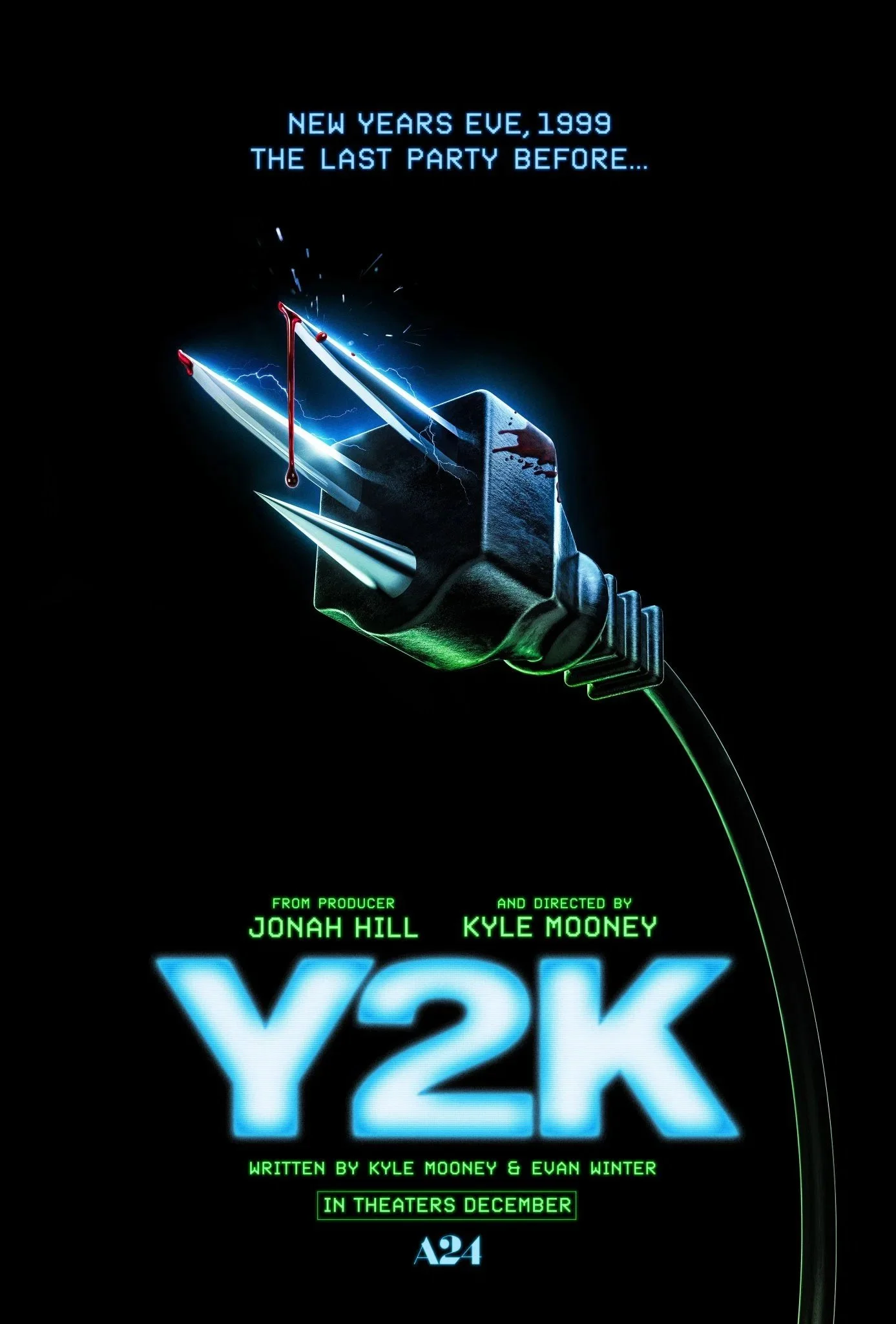 A promotional poster for the movie 'V2K', featuring a glowing sword with electric sparks, blood splatters, and text about the film's release date and creators.