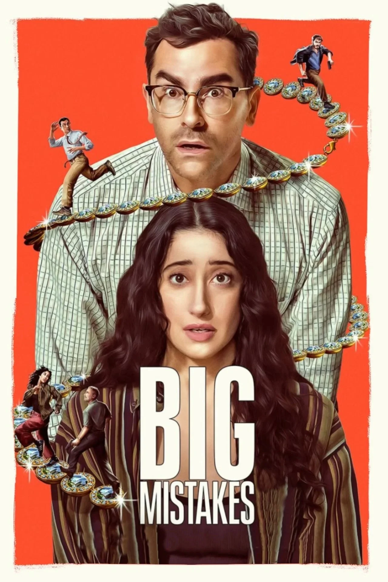 A movie poster for 'Big Big Mistakes' showing a surprised man with glasses and a woman with long brown hair, with smaller characters on a trail of diamonds and some at the bottom.