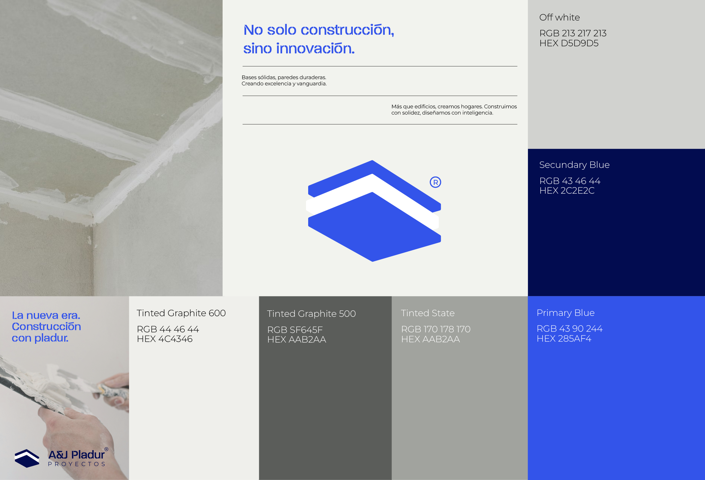 Publicidad de materiales de construcción con diferentes tonos de gris y azul, incluyendo muestras de color y un logotipo en la esquina inferior izquierda. Texto en español que destaque innovación y construcción con pladur.