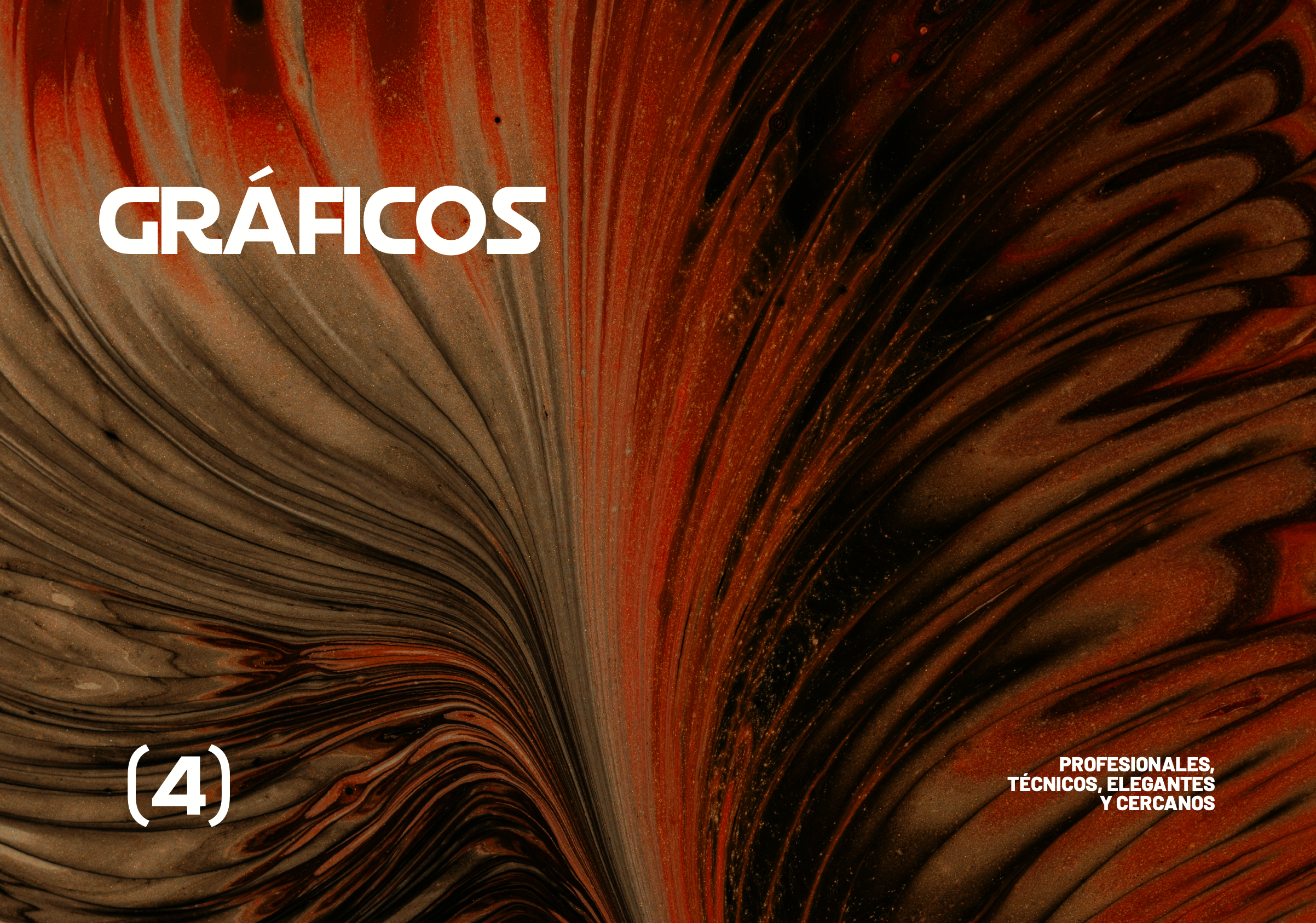 Fondo abstracto de colores oscuros y tonos rojizos con líneas onduladas y detalles brillantes. Texto en letras blancas grandes que dice 'GRÁFICOS' y en la esquina inferior derecha, en letras más pequeñas, 'PROFESIONALES, TÉCNICOS, ELEGANTES Y CERCANOS.' En la parte inferior izquierda, un recuadro con el número 4.