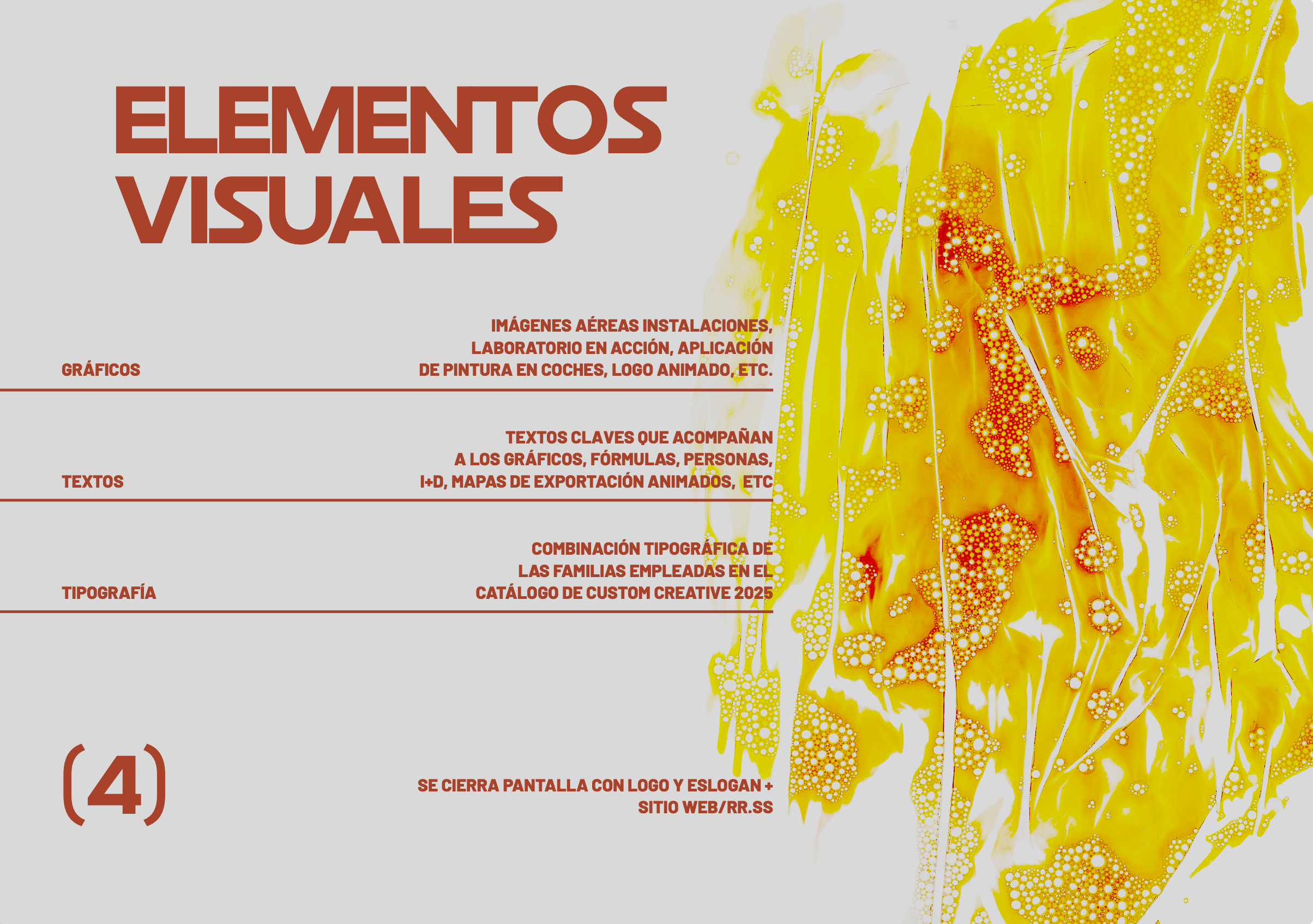 Una portada de presentación con el título grande en letras rojas que dice 'ELEMENTOS VISUALES'. Al fondo, un diseño abstracto en tonos amarillos y naranjas con puntos blancos y formas fluidas. Debajo del título hay otros textos en letras rojas, incluyendo 'IMÁGENES AÉREAS INSTALACIONES, LABORATORIO EN ACCIÓN, APLICACIÓN DE PINTURA EN COCHES, LOGO ANIMADO, ETC.' y 'SE CIERRA PANTALLA CON LOGO Y ESLOGAN + SITIO WEB/RR.SS'.