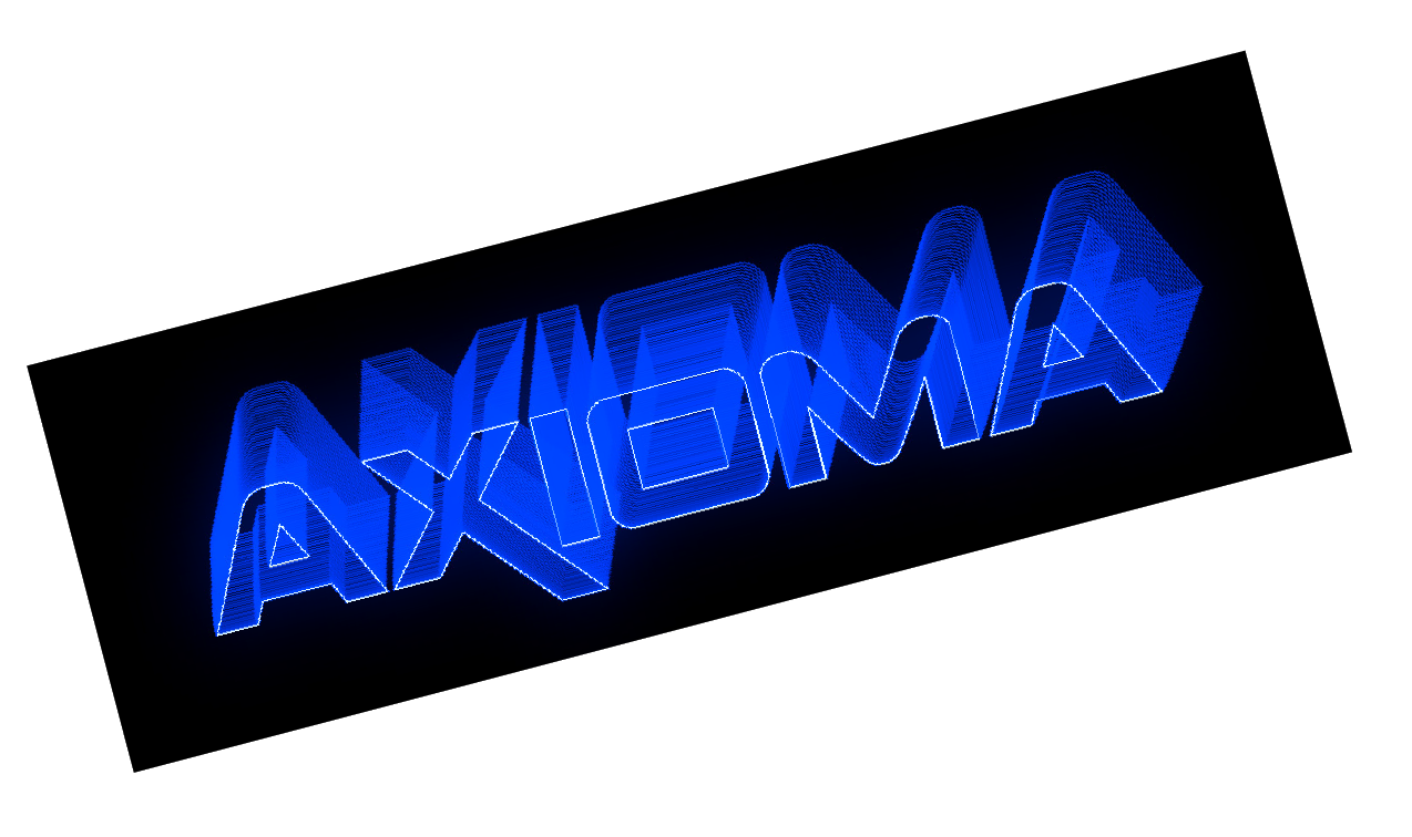 Palabra "AXIOMA" en letras azules con efecto 3D y contorno brillante, en fondo negro.