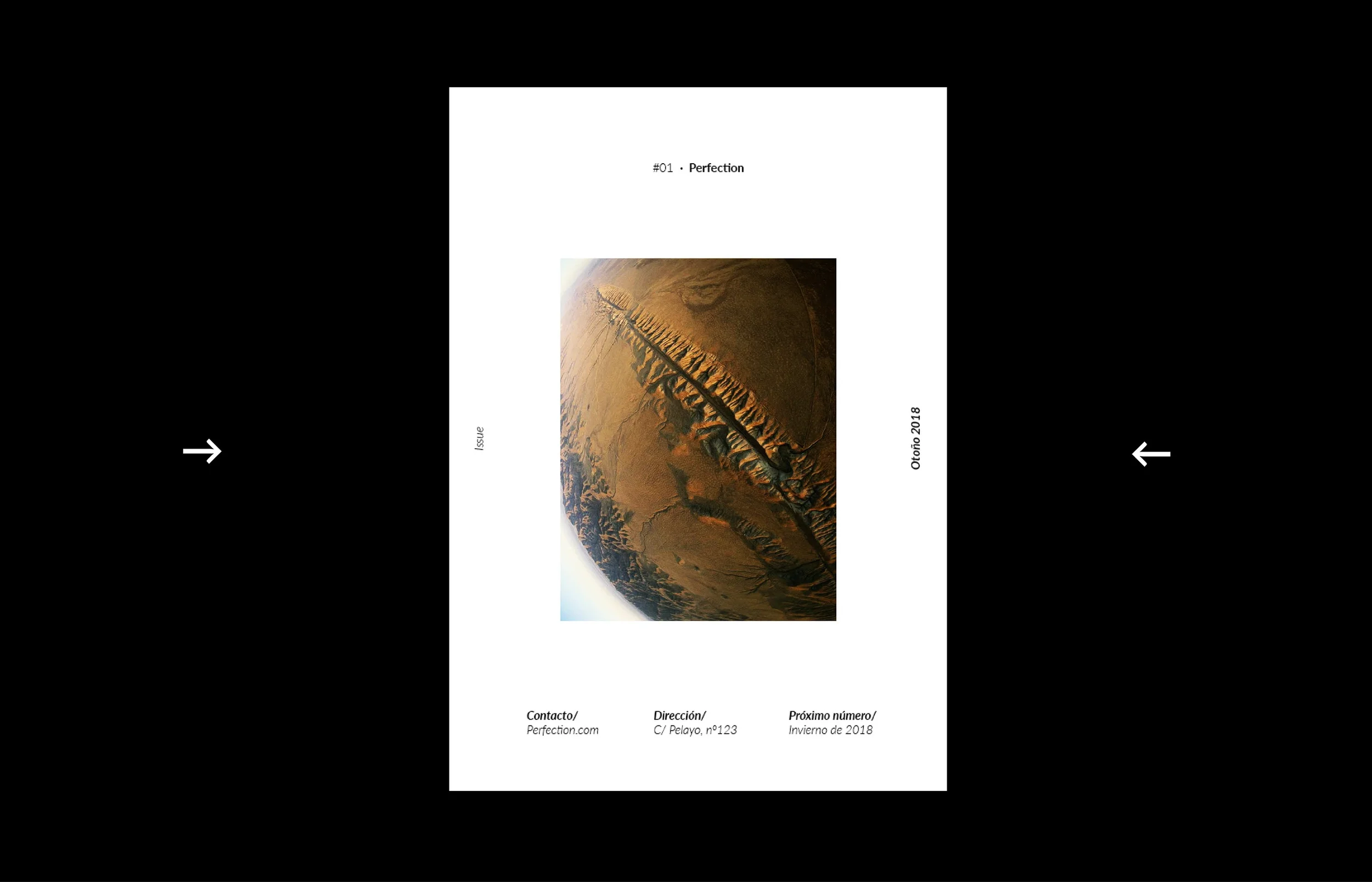 Portada de una publicación titulada 'Perfección', con una imagen de una superficie terrestre vista desde el espacio que muestra montañas y desiertos en tonos marrones y ocres.
