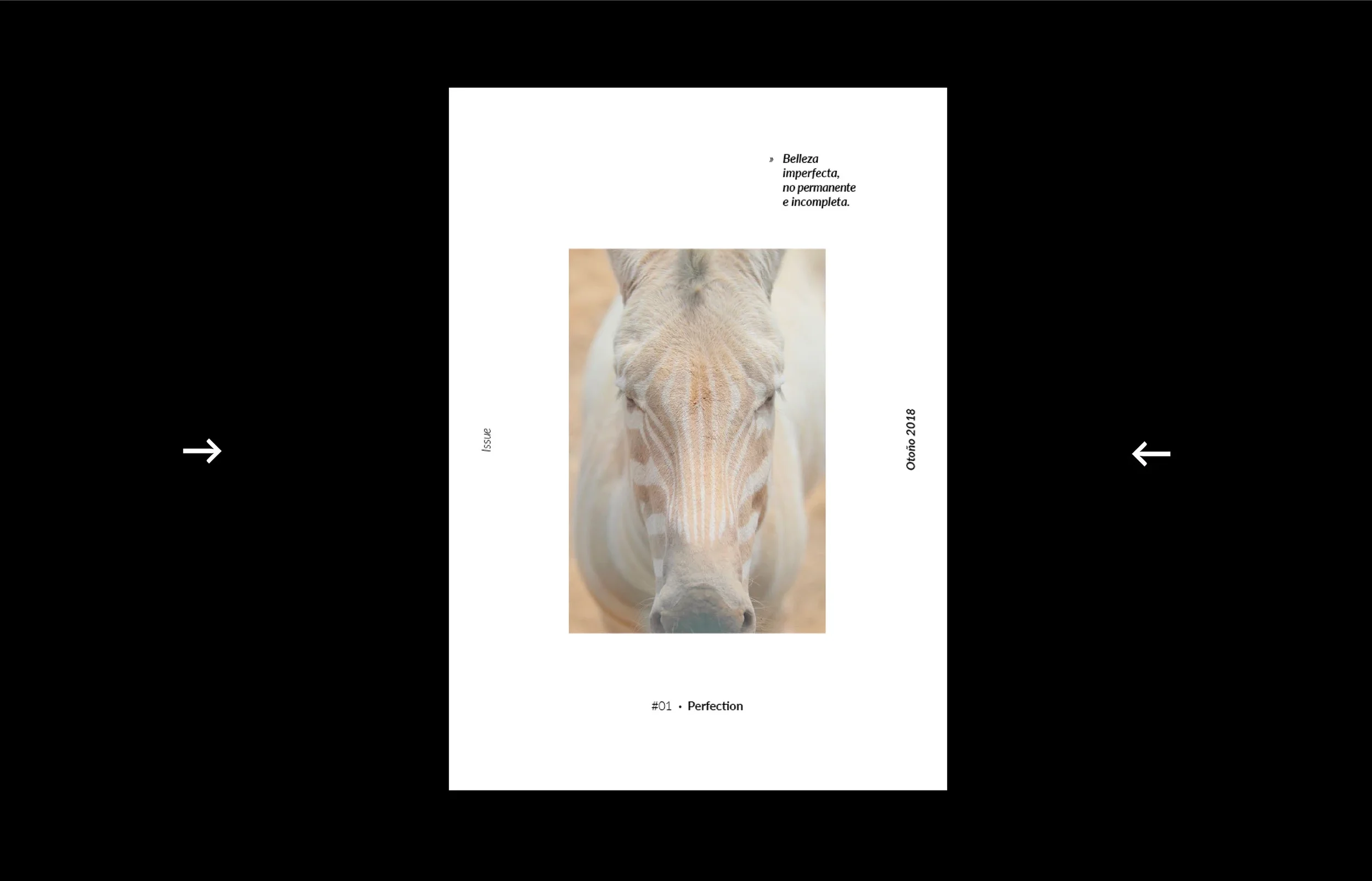 Portada de una revista de moda con una foto de un caballo beige en el centro. Texto en la parte superior derecha que dice 'Belleza imperfecta, no permanente e incompleta'. Al lado izquierdo, palabras 'Issue' y en la parte inferior, '#01 - Perfección. La imagen tiene flechas blancas en los extremos para navegación.