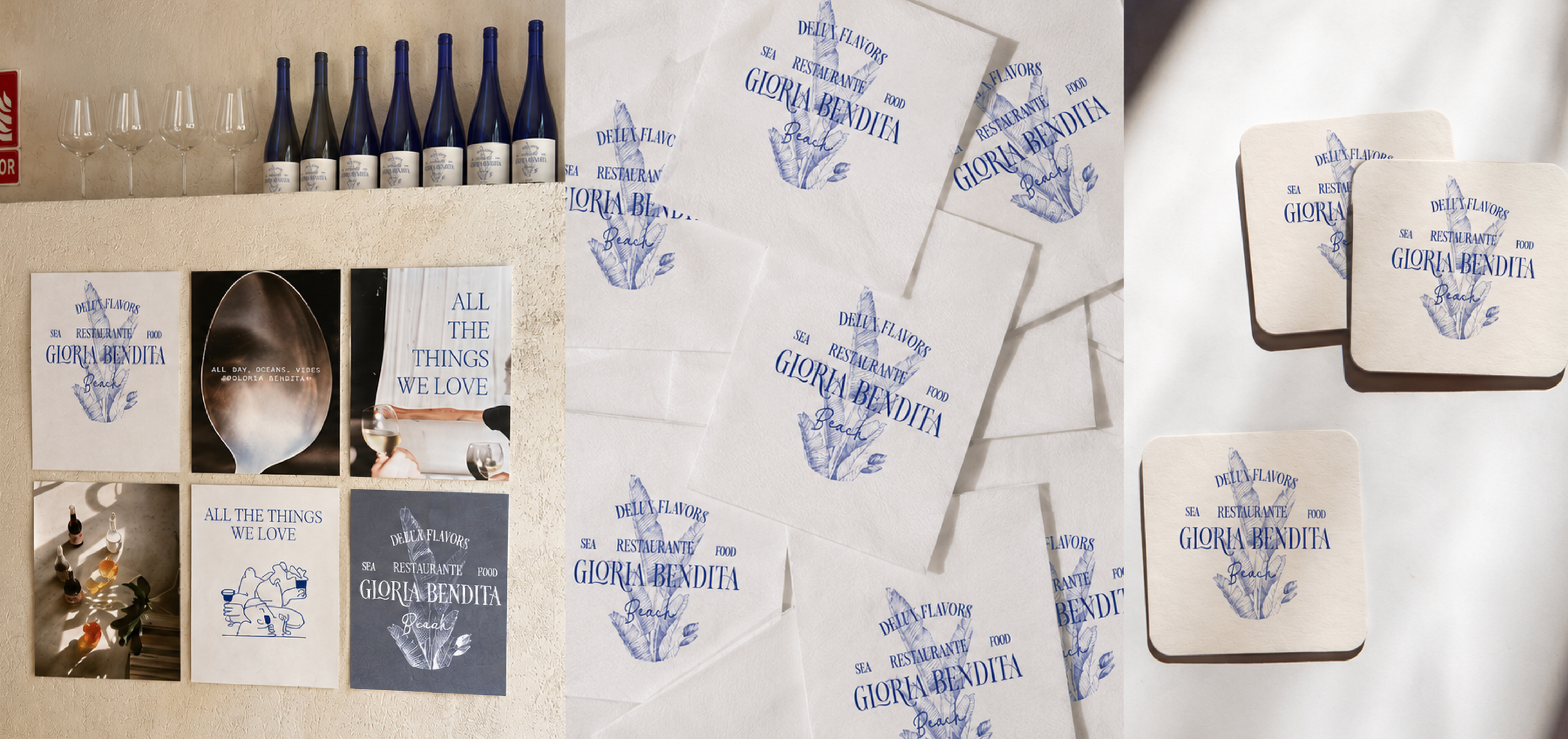 Varias papeles y tarjetas con el logo y el nombre "Gloria Bendita Beach" en una pared, y copas y botellas de vino en una estantería.