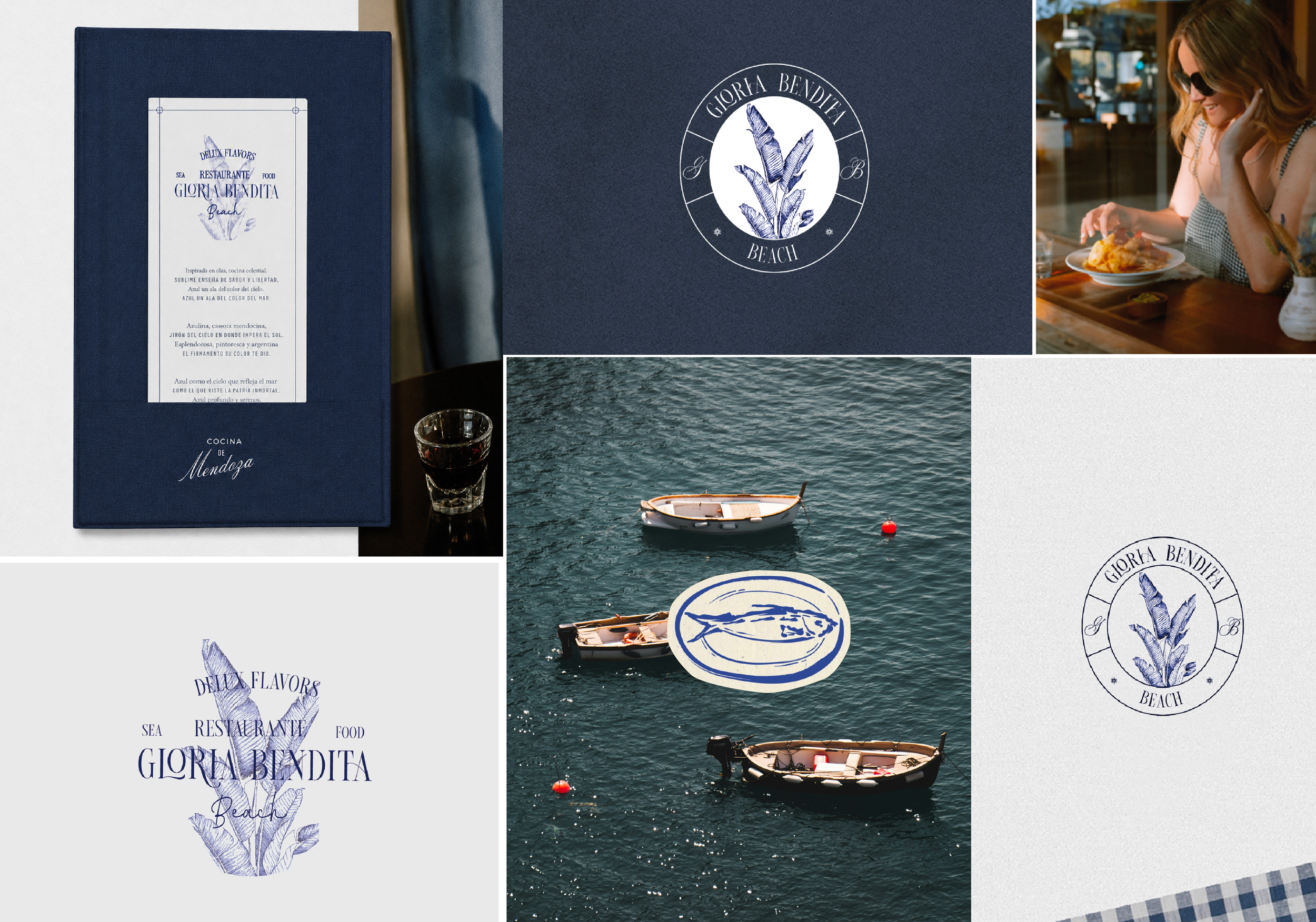 Imagen compuesta por varias secciones. Hay un menú de restaurante azul con texto en español y un logotipo que dice 'Gioria Bendita Beach' con una ilustración de hojas. También se observa una mujer sonriente comiendo en un restaurante, un pequeño bote en el agua, y logotipos o emblemas relacionados con el restaurante y la marca.