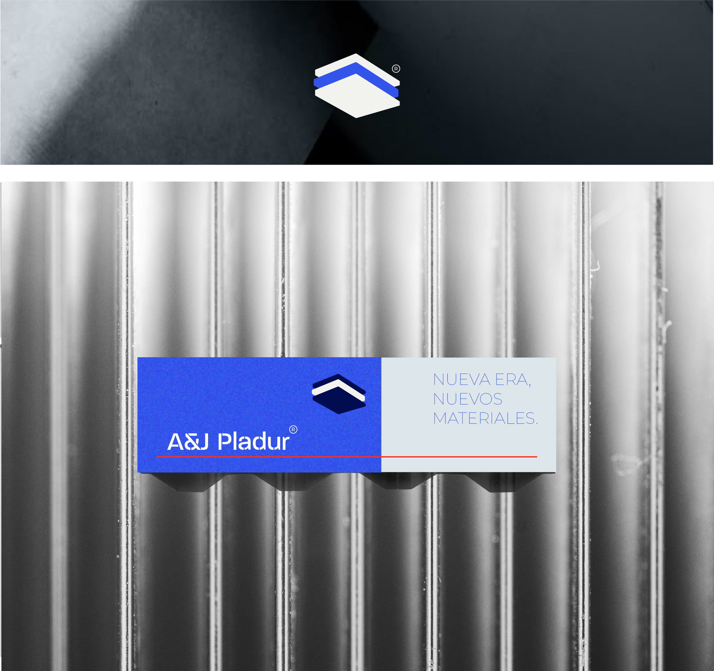 Logotipo y etiqueta de la marca AX Pladur con fondo de superficie metálica acanalada y texto en español promocionando materiales nuevos.