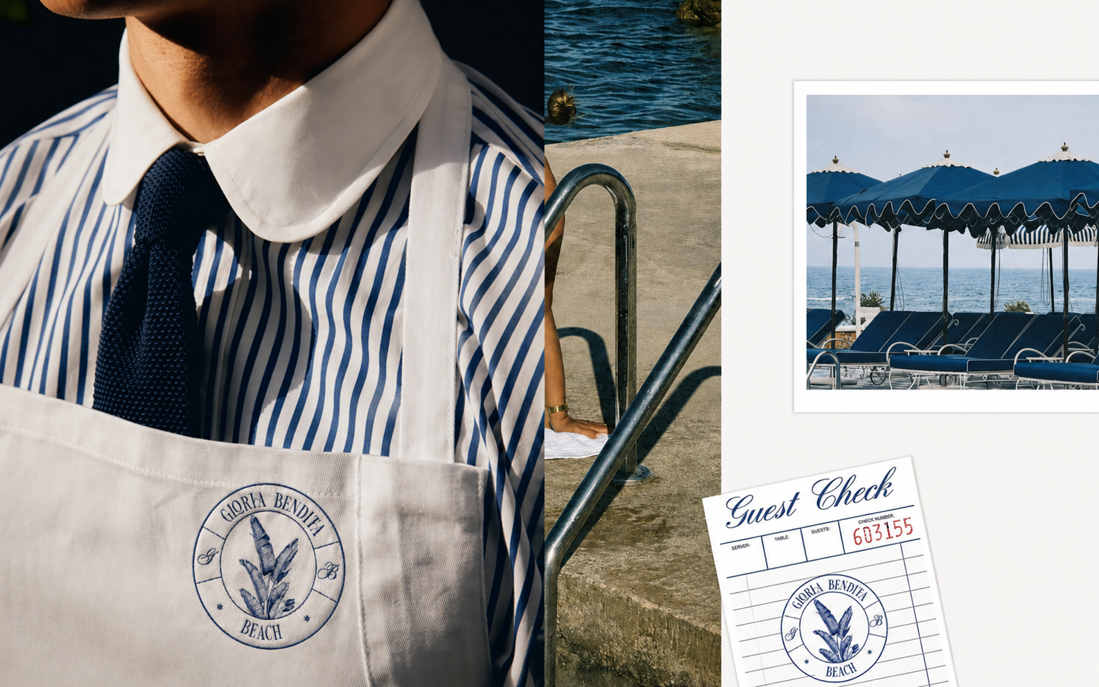 Cerca de la orilla del mar, con sombrillas azules y tumbonas, bajo un cielo despejado. En primer plano, un delantal con la inscripción "Giorda Bendita Beach" y un logo de una planta. En el fondo, una persona con traje de baño descansa en la orilla del agua, sosteniendo la escalera de la piscina, y una nota de cheque de huésped con el mismo logo.