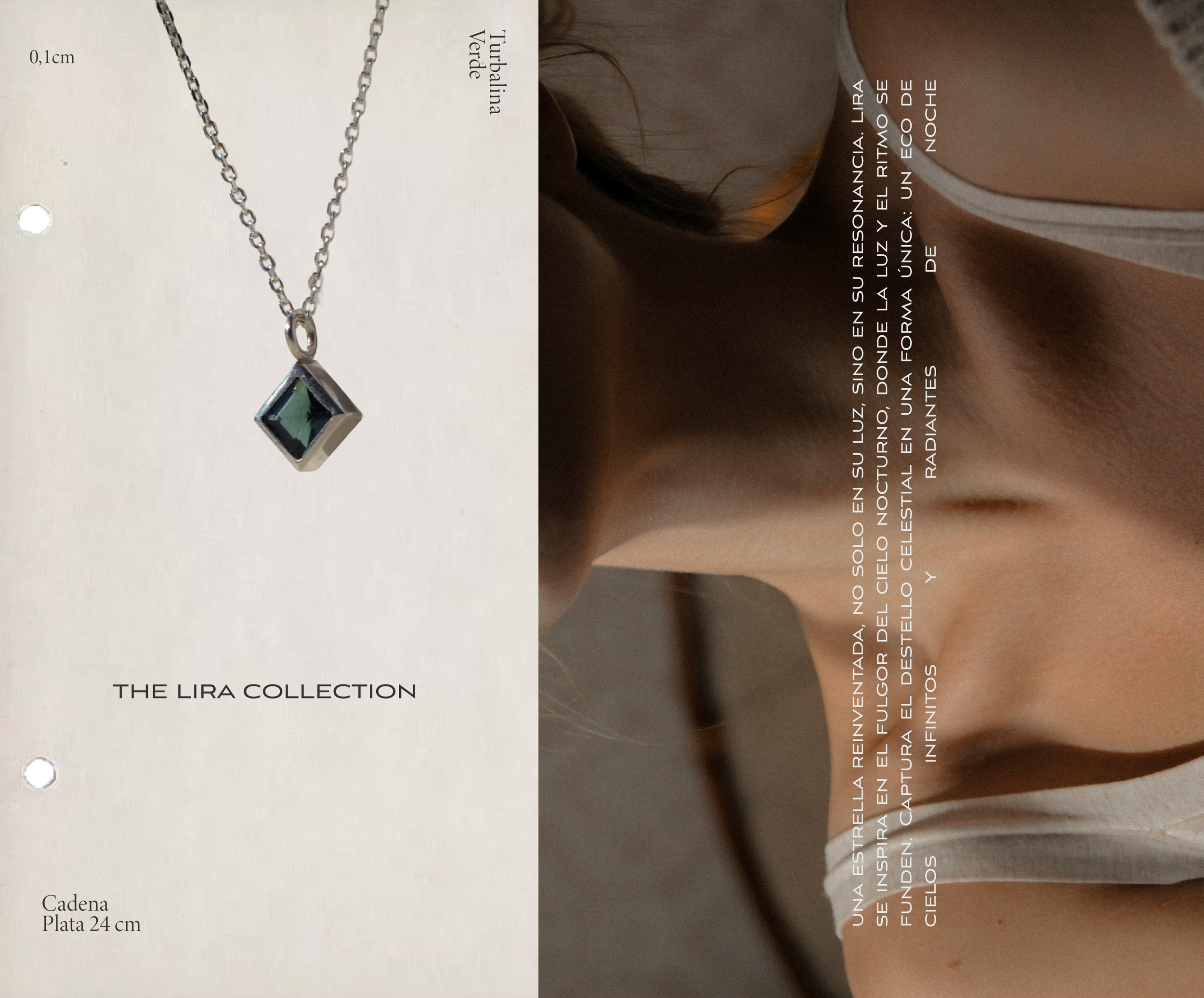 Una cadena de plata de 24 cm de longitud y un colgante con un diamante en color verde en el centro, ambos de la colección de la marca LIRA.