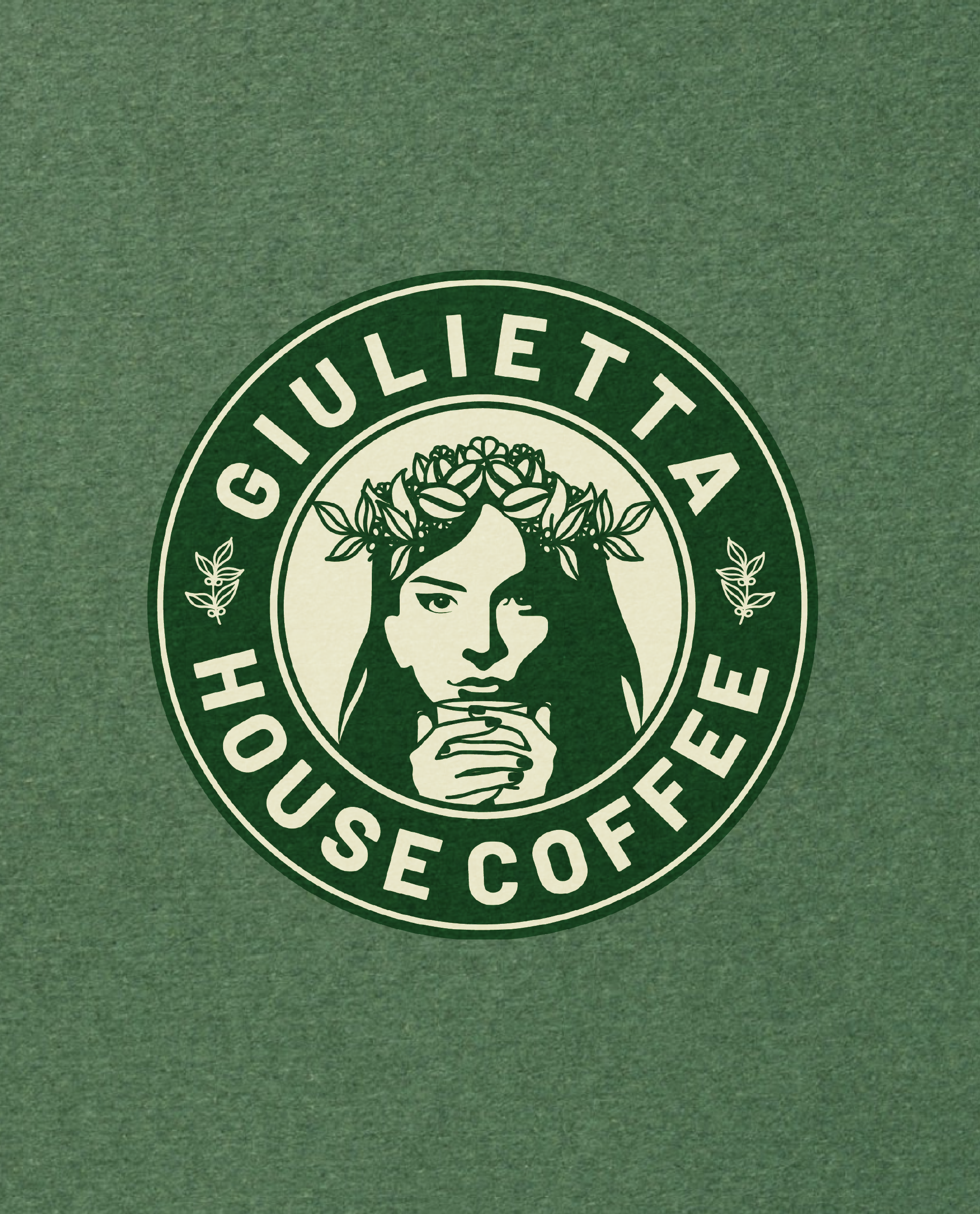 Logo de café orgánico con una mujer sosteniendo una taza de café, rodeada de texto en inglés y plantas.