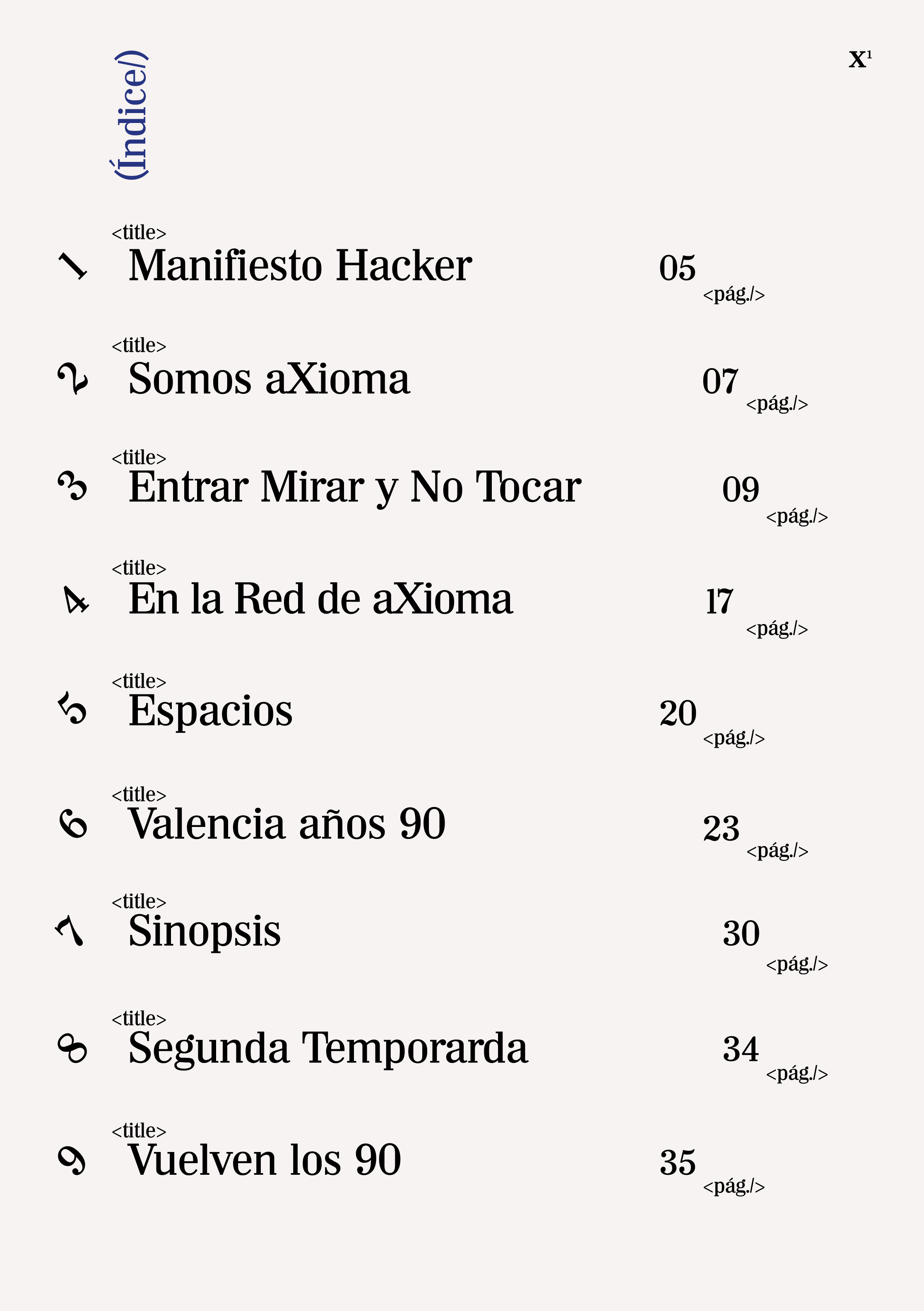 Tabla de contenido con títulos y números de página, incluyendo 'Manifesto Hacker', 'Somos aXima', 'Entrar Mirar y No Tocar', 'En la Red de aXima', 'Espacios', 'Valencia años 90', 'Sinopsis', 'Segunda Temporada' y 'Vuelven los 90'.