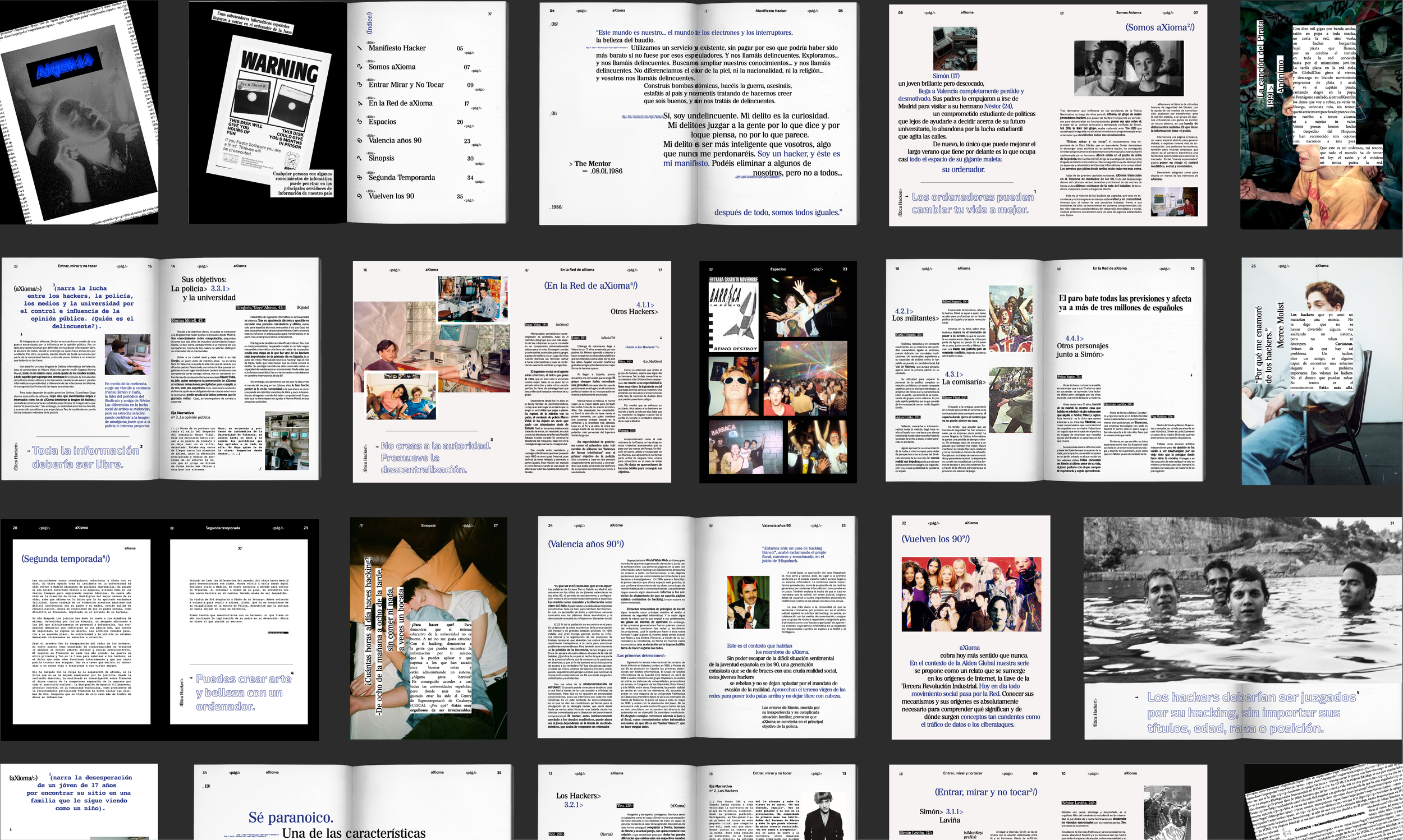 Página de un periódico o revista con múltiples artículos y fotos, incluyendo personas en actividades sociales, tecnología, y temas relacionados con hackers y sociedad.