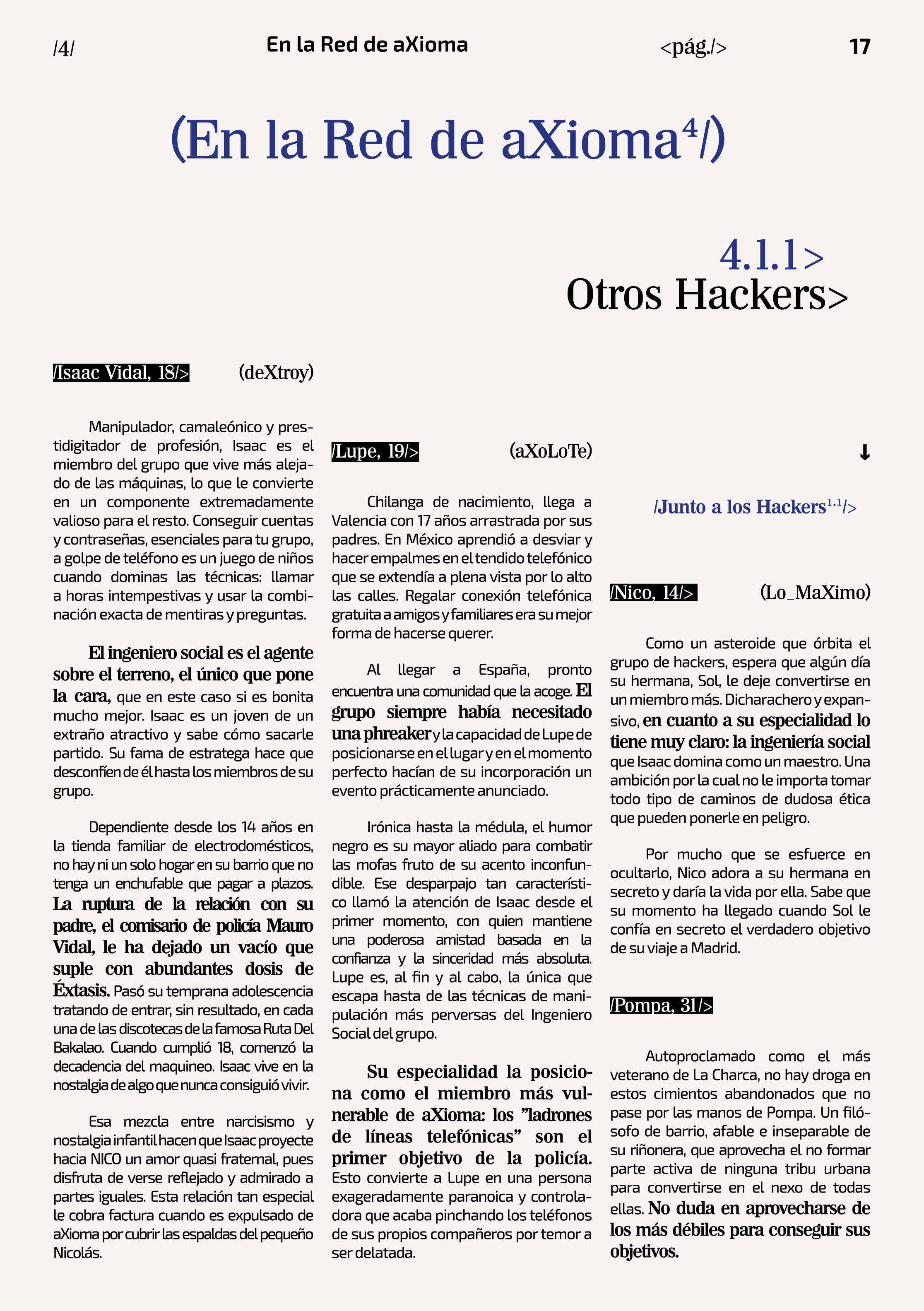 Página de texto de un documento en español. Título 'En la Red de Axioma', subtítulo 'Otros Hackers', con citas y párrafos largos. Incluye citas en negro y enlaces en azul, con numeración en la parte superior e inferior.