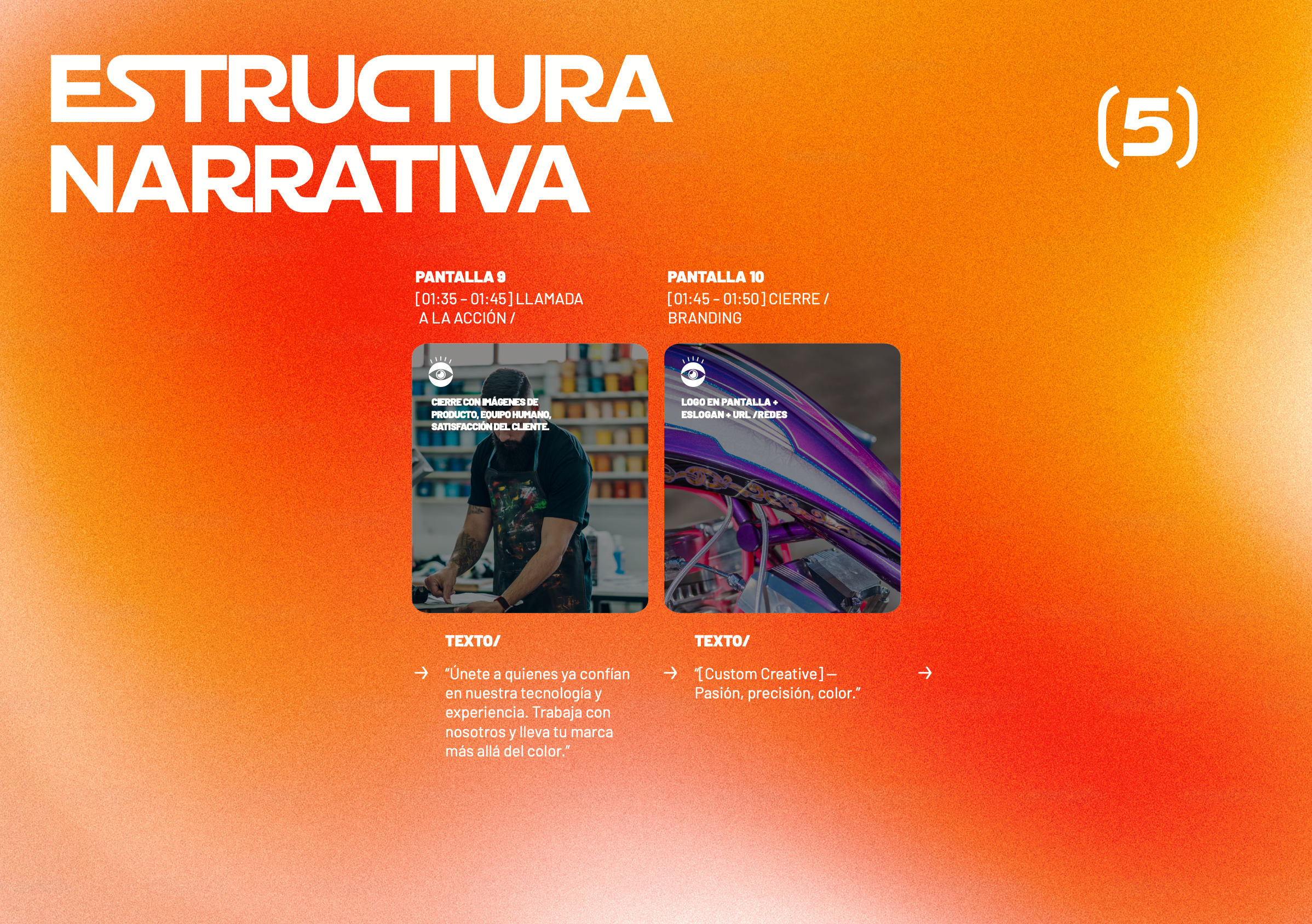 Una diapositiva con fondo naranja y degradado, con el título en letras grandes y blancas 'Estructura Narrativa'. Incluye las secciones para las pantallas 9 y 10 con horarios y descripciones, así como ejemplos de texto en español relacionadas con confianza en tecnología y branding.