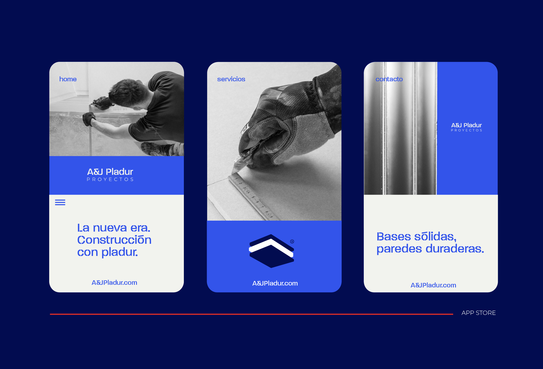 Captura de pantalla de una página web de una empresa de construcción con enfoque en estructuras de pladur, mostrando íconos y texto en español sobre servicios y proyectos, en un diseño de interfaz digital moderna con fondo azul oscuro.