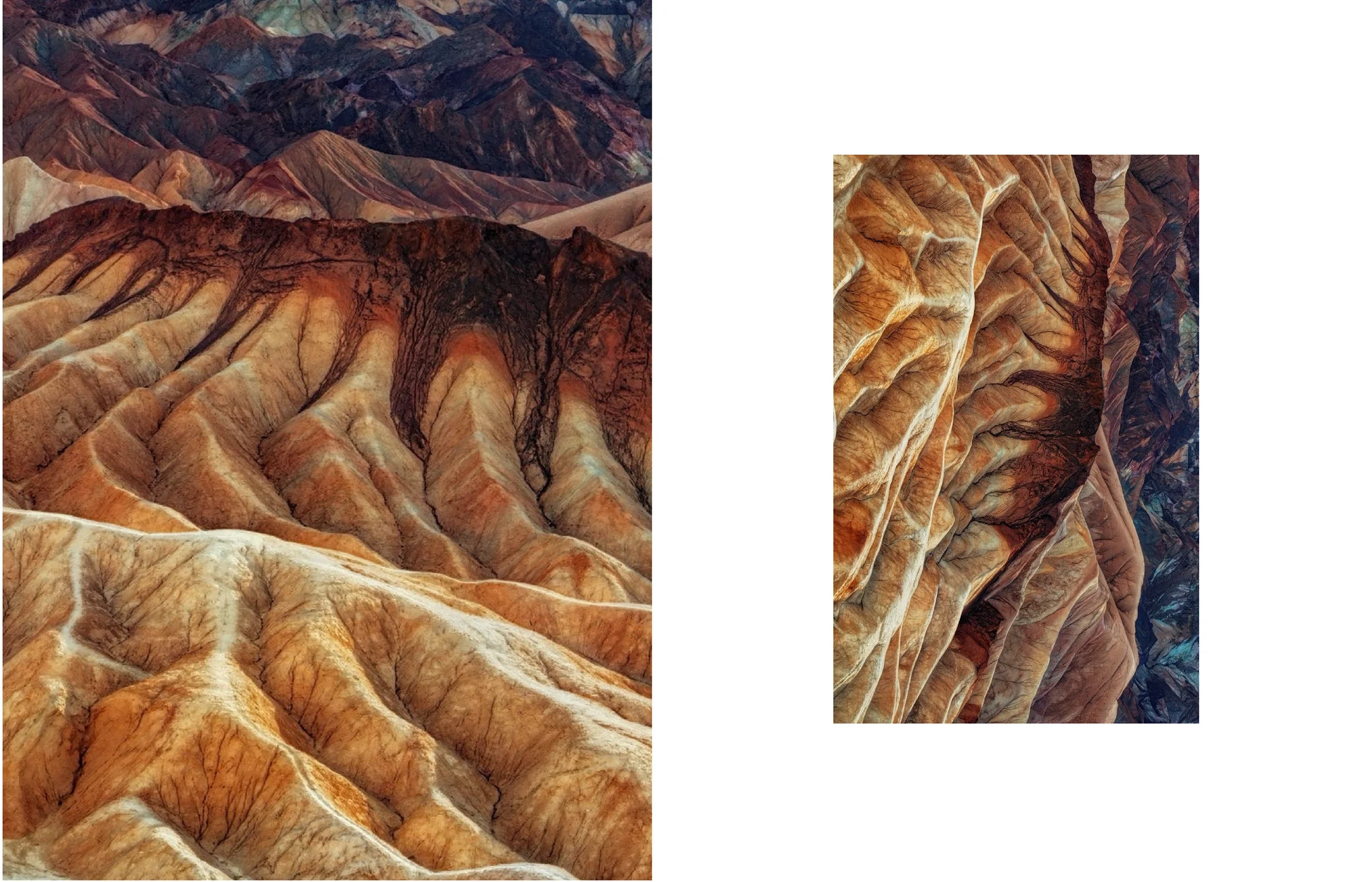 Paisaje montañoso con formaciones de colores en tonos tierra, beige, anaranjado y oscuro.