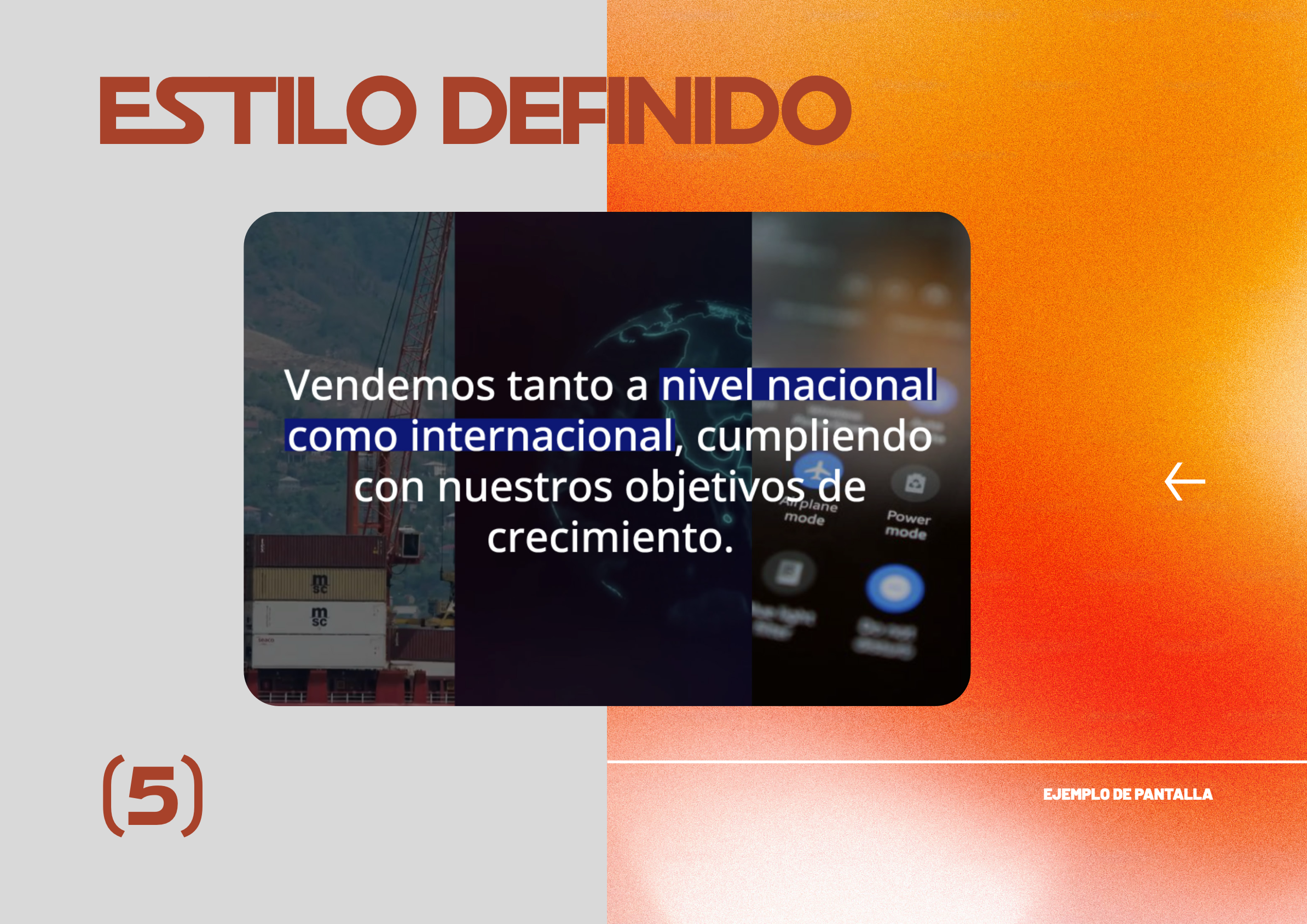 Una diapositiva de presentación en español que dice 'Estilo definido' en letras grandes, con una imagen de fondo que incluye una estructura de transporte, un globo terráqueo digital y botones de un teléfono móvil que muestran opciones y modos, con un fondo de color gris con una textura naranja y rojo en la esquina inferior derecha que dice 'Ejemplo de pantalla'.