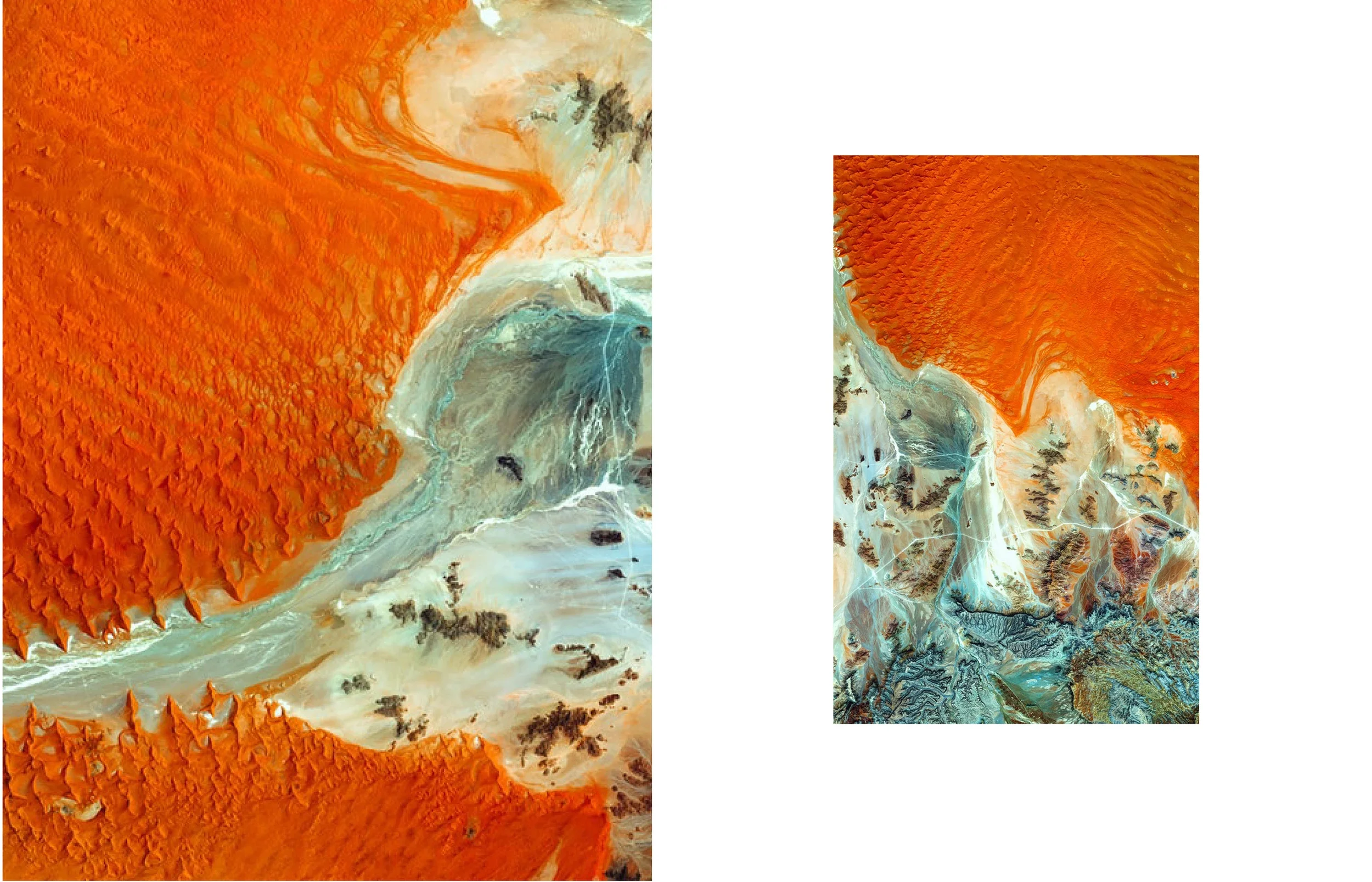 Imagen satelital de un desierto con dunas de arena naranja y formaciones de tierra y lagos en tonos azules y marrones.