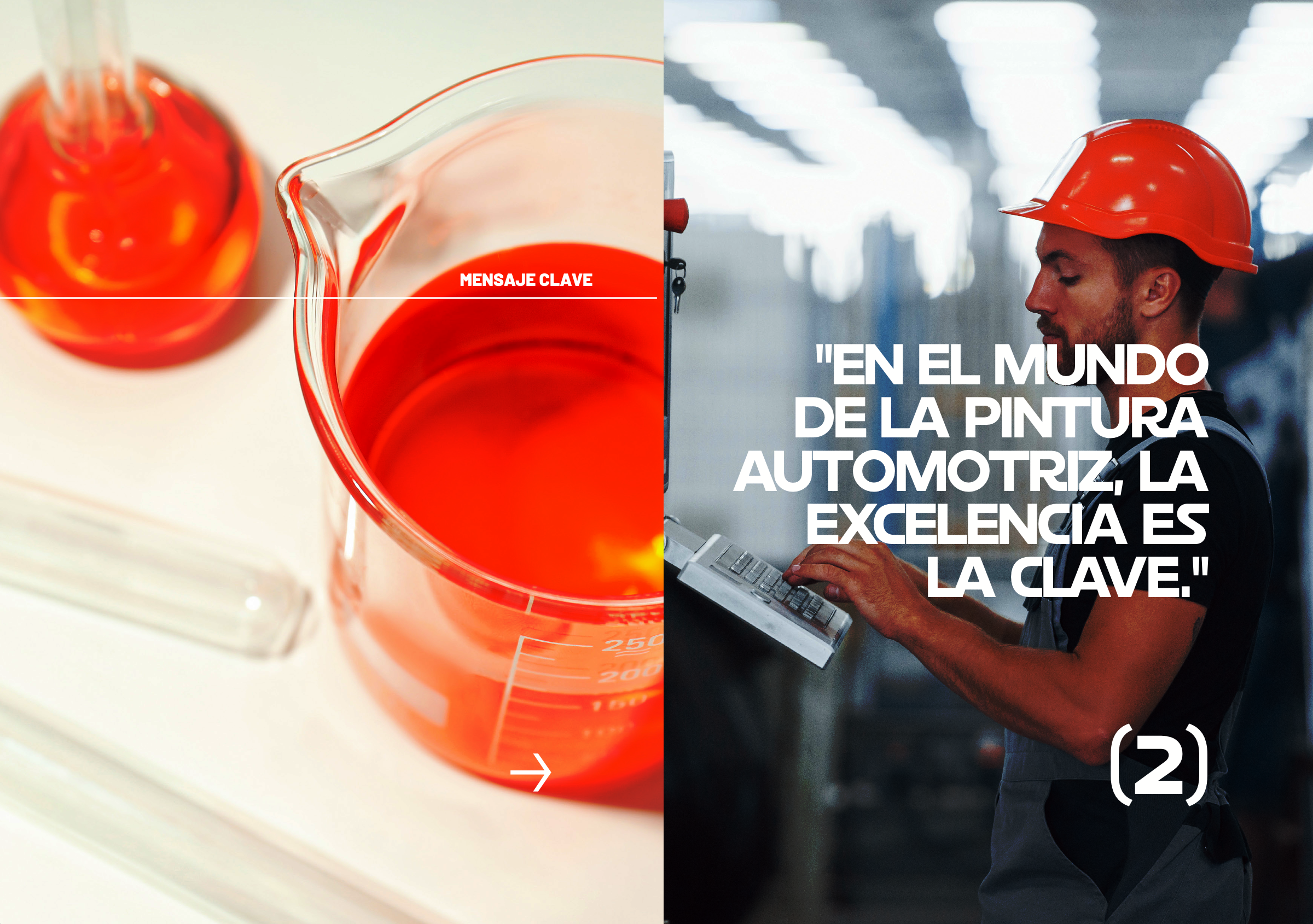 A la izquierda, un vaso de precipitados con líquido rojo y un vaso medidor. A la derecha, un hombre con casco rojo en un ambiente industrial, usando una computadora portátil.