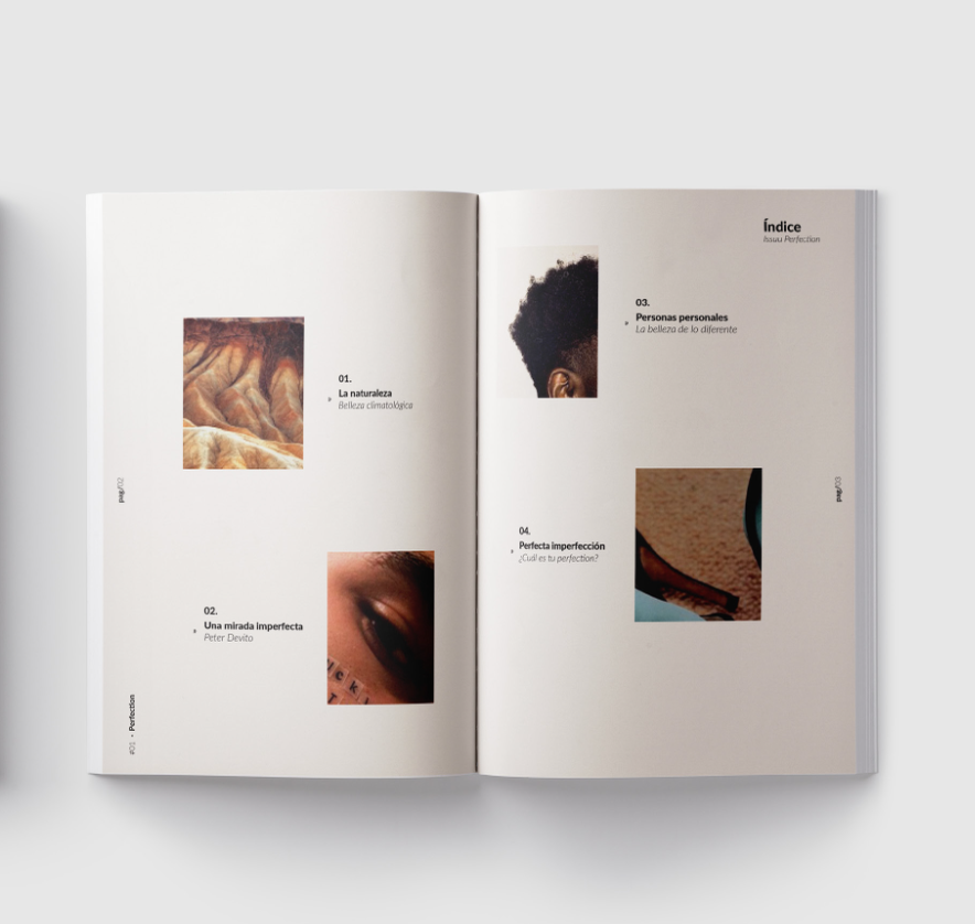 Libro abierto con capítulos y pequeñas imágenes en cada página, que parece ser un índice con temas relacionados con la naturaleza, la perfección y la diversidad de personas.