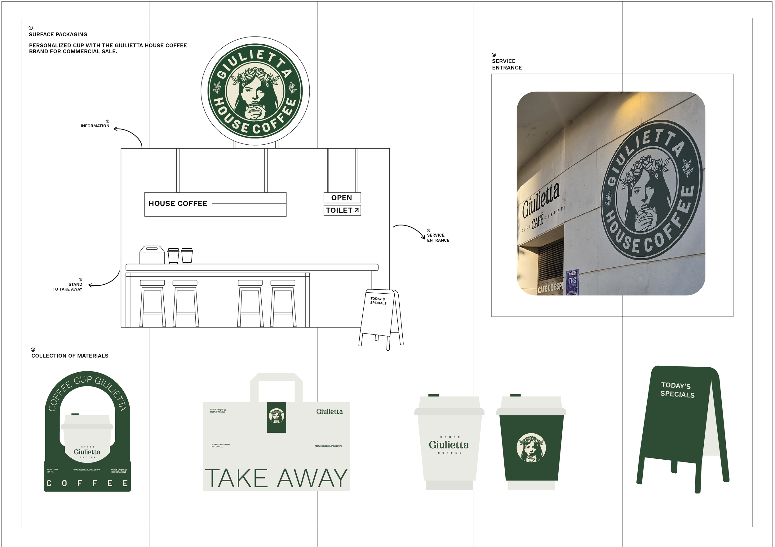 Diseño de envases y señalización para una marca de café llamada Giulietta, incluyendo una taza personalizada, carteles de comida para llevar y señalización para la entrada y servicios. Incluye un logotipo con una mujer con corona de flores.