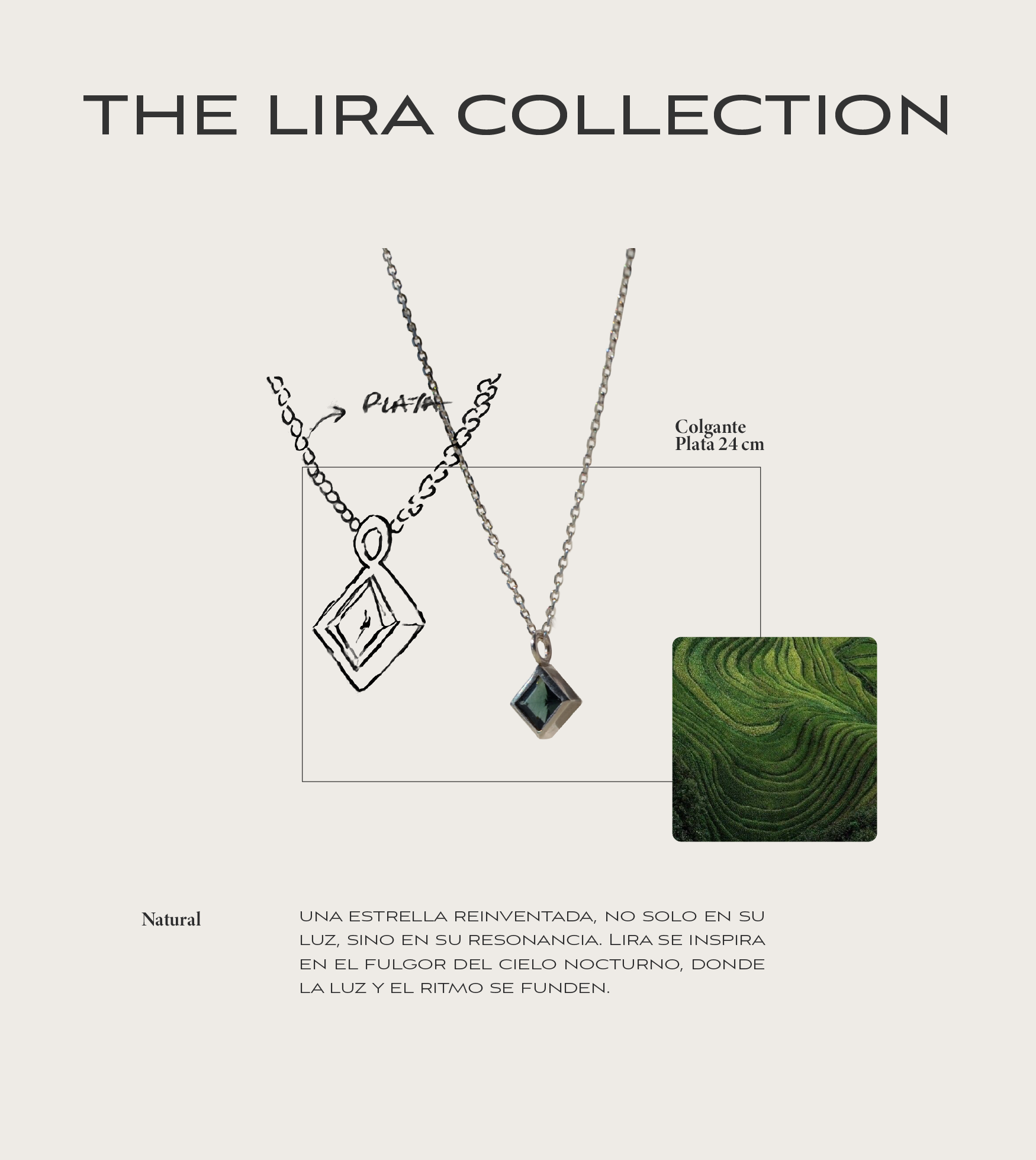 Collar de plata de 24 cm con colgante cuadrado con piedra verde, junto a un diagrama de una cadena y una piedra, sobre fondo claro con texto en español y una imagen de un paisaje verde.