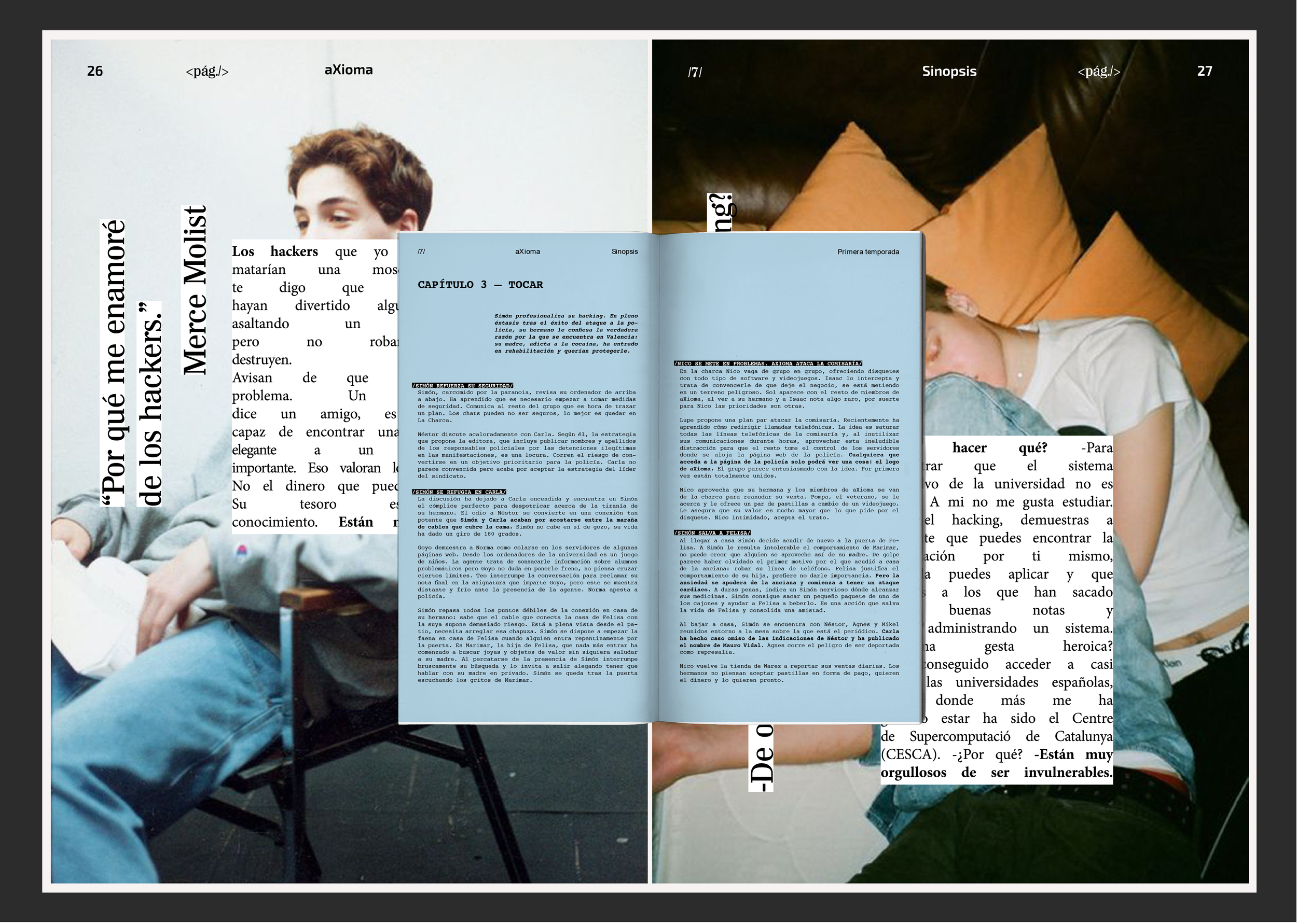Página de un libro o revista abierta con texto en español, acompañada de una fotografía de una persona joven sentada con brazo cruzado, con blusa blanca y pantalones de mezclilla, en un entorno interior con una almohada naranja y un sofá de cuero oscuro.