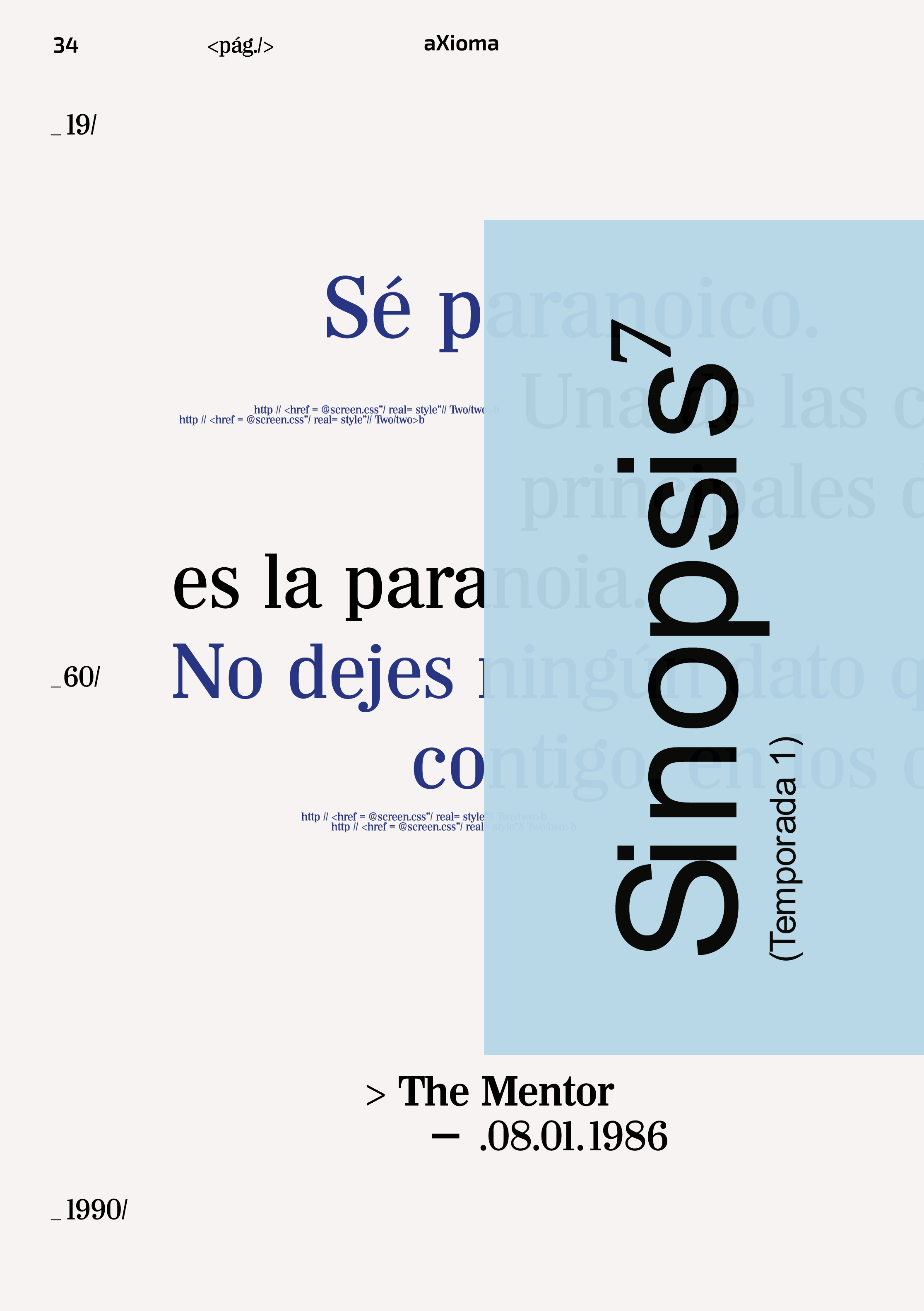 Página de revista con texto en inglés y español, incluyendo frases como 'Sé paranoico', 'No dejes que te controlen', y detalles de fechas y títulos en diferentes tamaños y estilos de letra, con fondo claro y algunos elementos gráficos en color azul y negro.