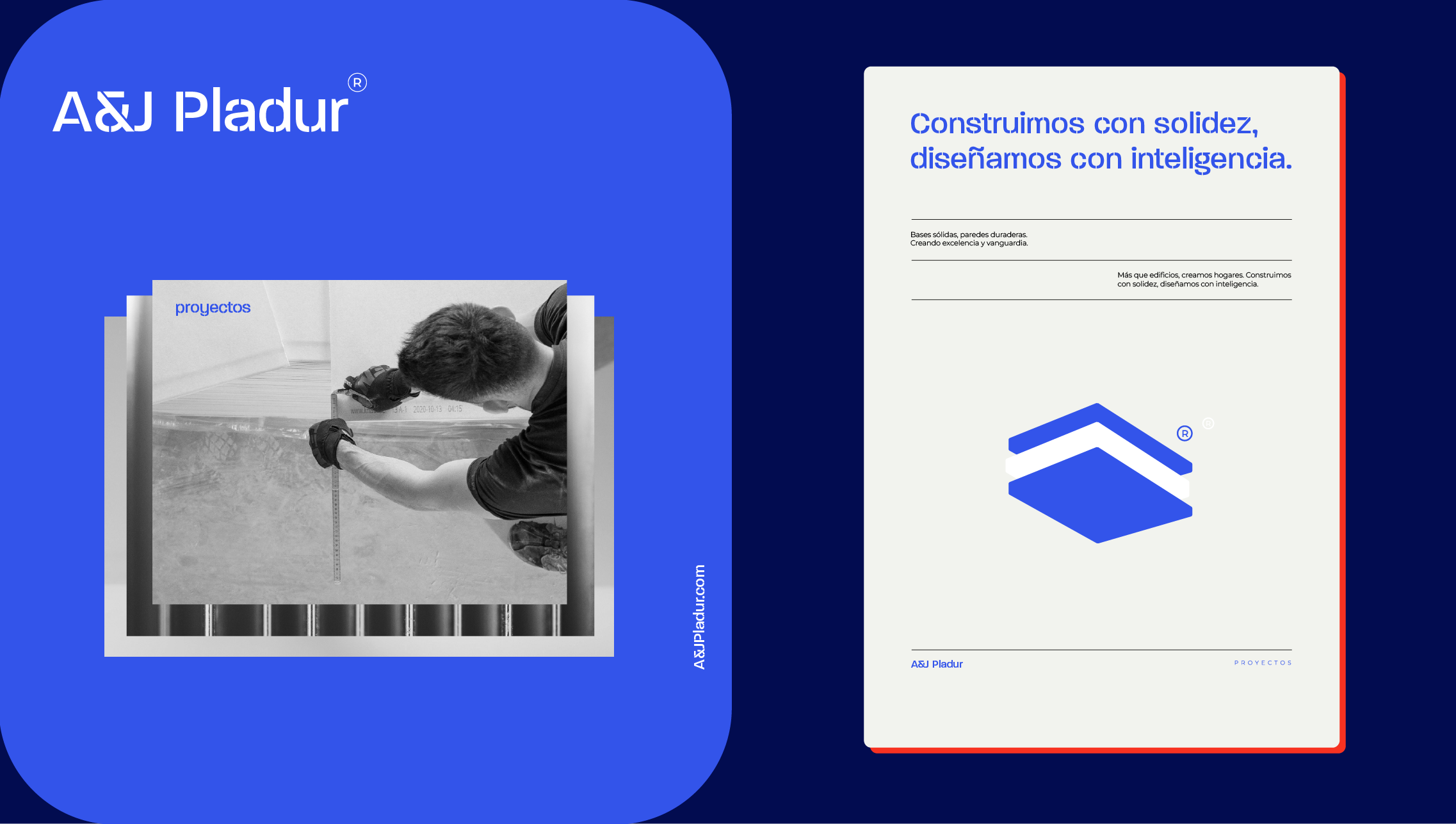 Una página web de la empresa A&J Pladur que muestra una imagen en blanco y negro de un trabajador midiendo una estructura y un texto en español sobre construcción con solidez e inteligencia.