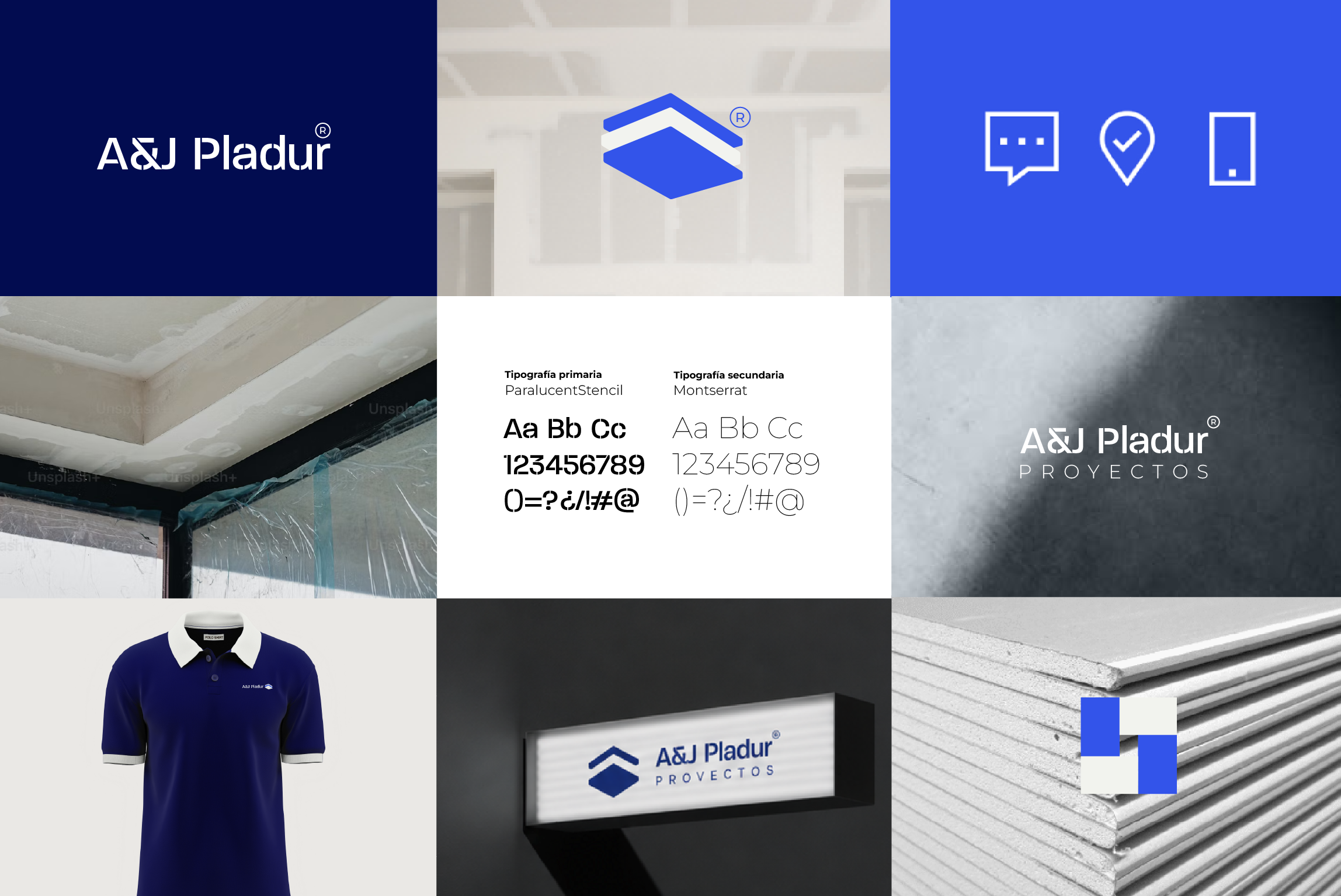 Imagen que muestra el logotipo de la empresa A&J Pladur y diferentes ejemplos de tipografías, colores y materiales utilizados en sus proyectos, incluyendo una camiseta de polo azul con el logo, una muestra de yeso y una señal digital con el mismo logotipo.