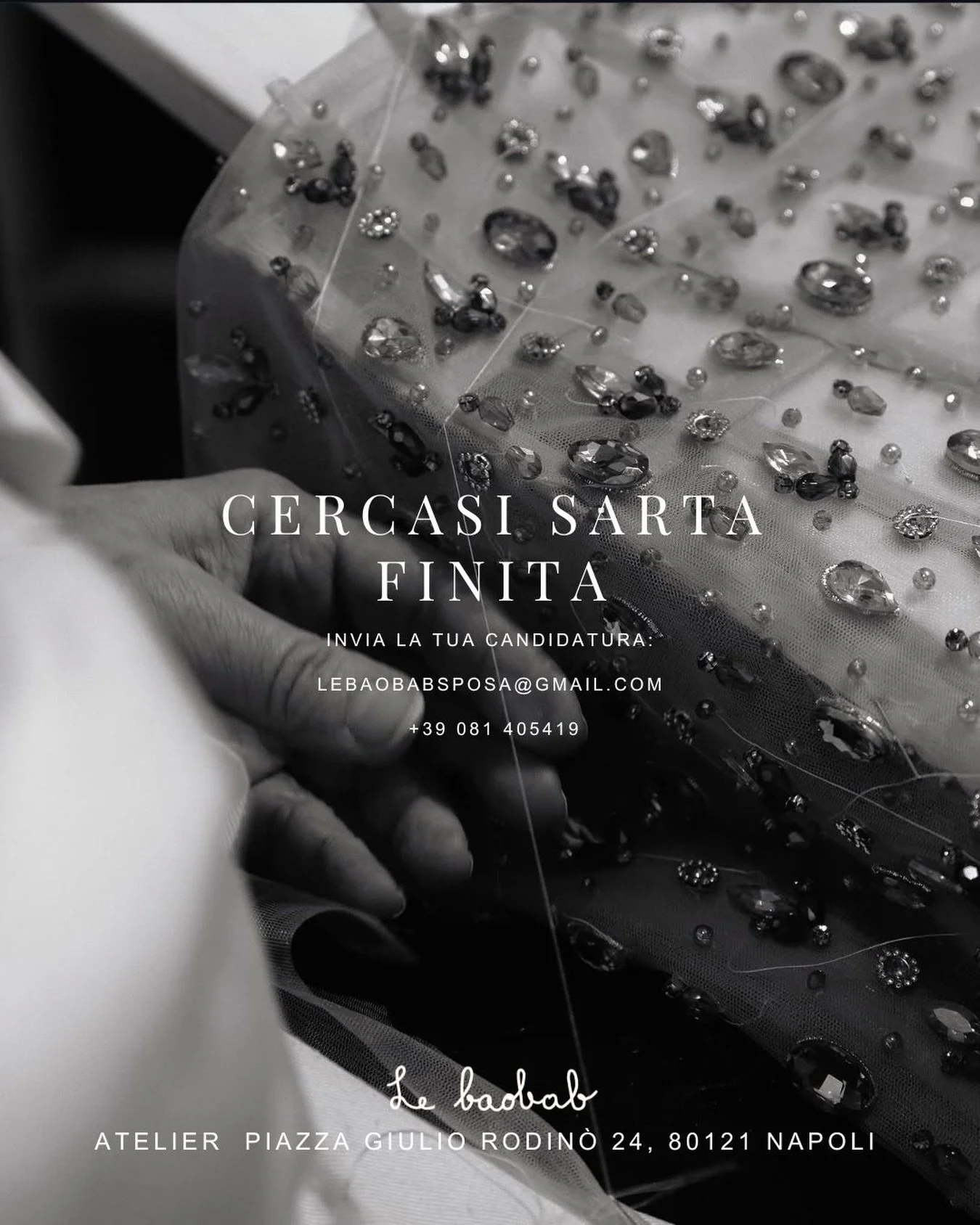 CERCHIAMO SARTA FINITA &ndash; ALTA SARTORIA SPOSA

Il nostro atelier di alta sartoria sposa &egrave; alla ricerca di una sarta finita con esperienza, sensibilit&agrave; estetica e grande attenzione al dettaglio.

Cerchiamo una figura che sappia lavo