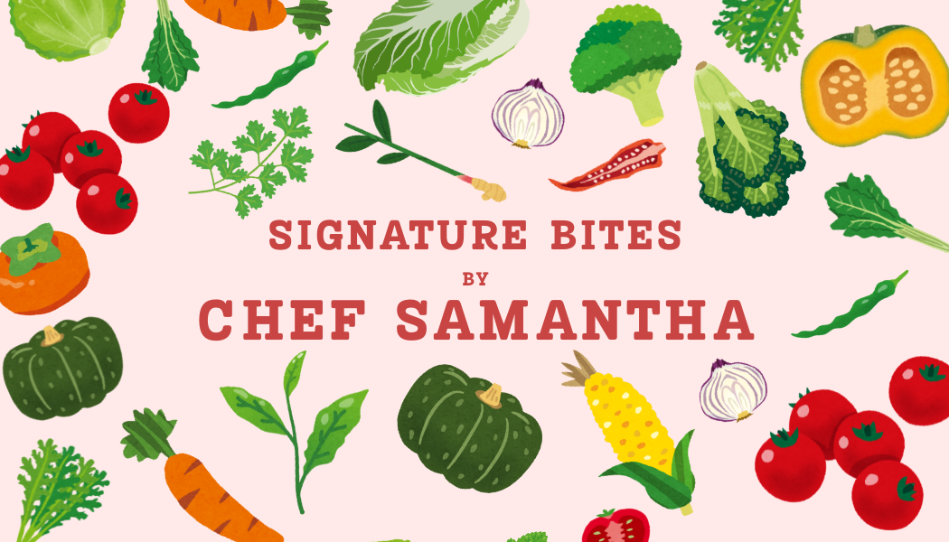 Digital illustration of various vegetables including tomatoes, pumpkin, carrots, broccoli, garlic, corn, and peppers surrounding the text "Signature Bites by Chef Samantha" on a pink background.
