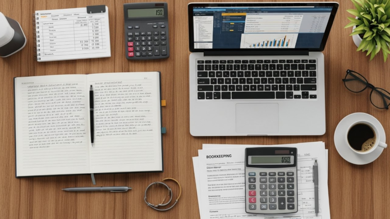 Desk with laptop showing financial data and charts, notebooks, calculators, a pen, a cup of coffee, glasses, a plant, and a watch.