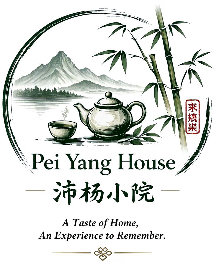 A teapot and a cup set against a landscape of mountains and a lake, with bamboo stalks and Chinese characters, representing a traditional Chinese tea house branding.