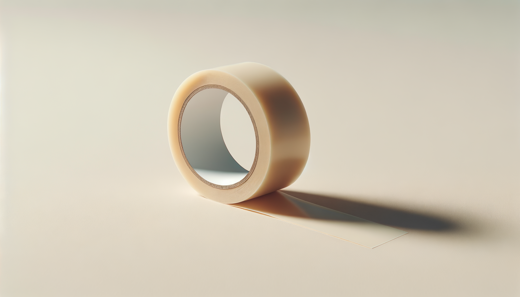 A roll of beige masking tape placed on a light-colored surface, with part of the tape unrolled and casting a shadow.